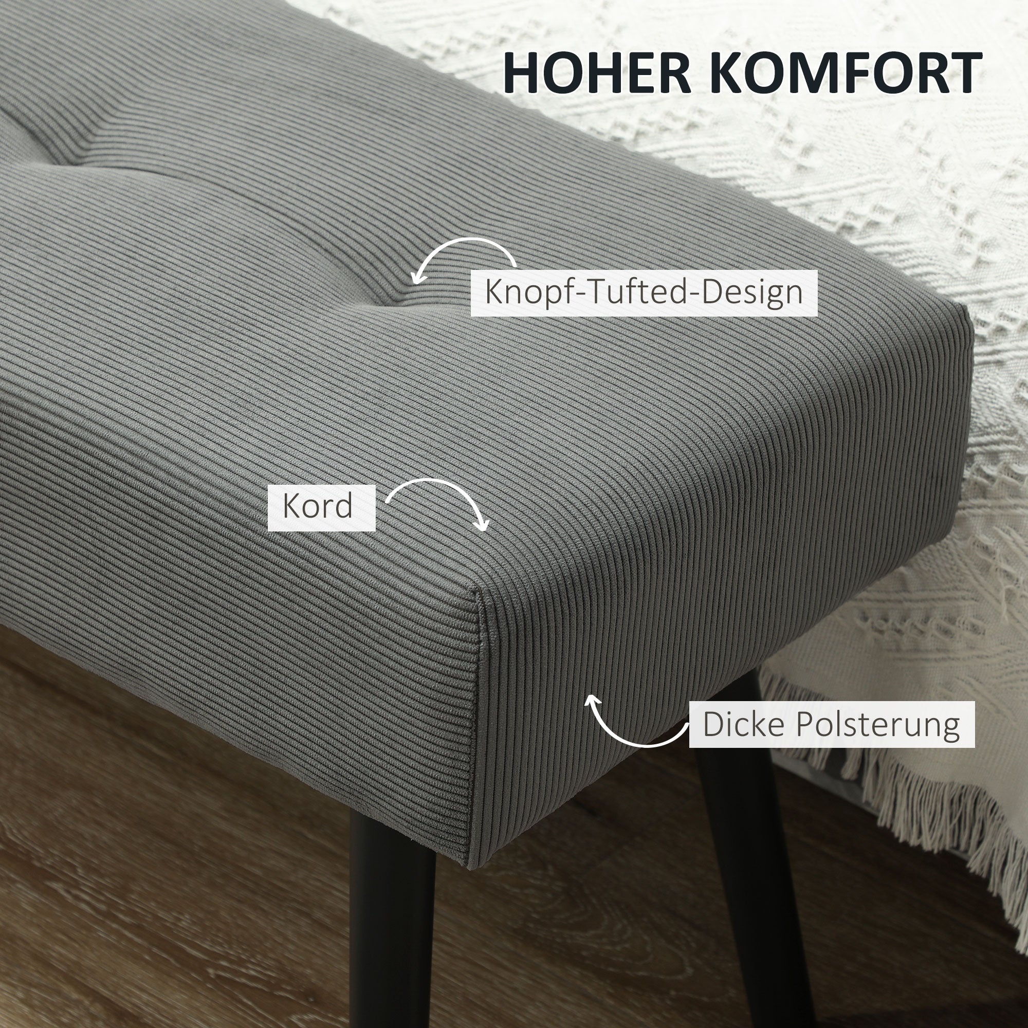 HOMCOM Sitzbank Polsterbank mit Cordbezug, Bettbank mit Metallbeine, Schuhbank 100 x 36 x 45 cm Grau