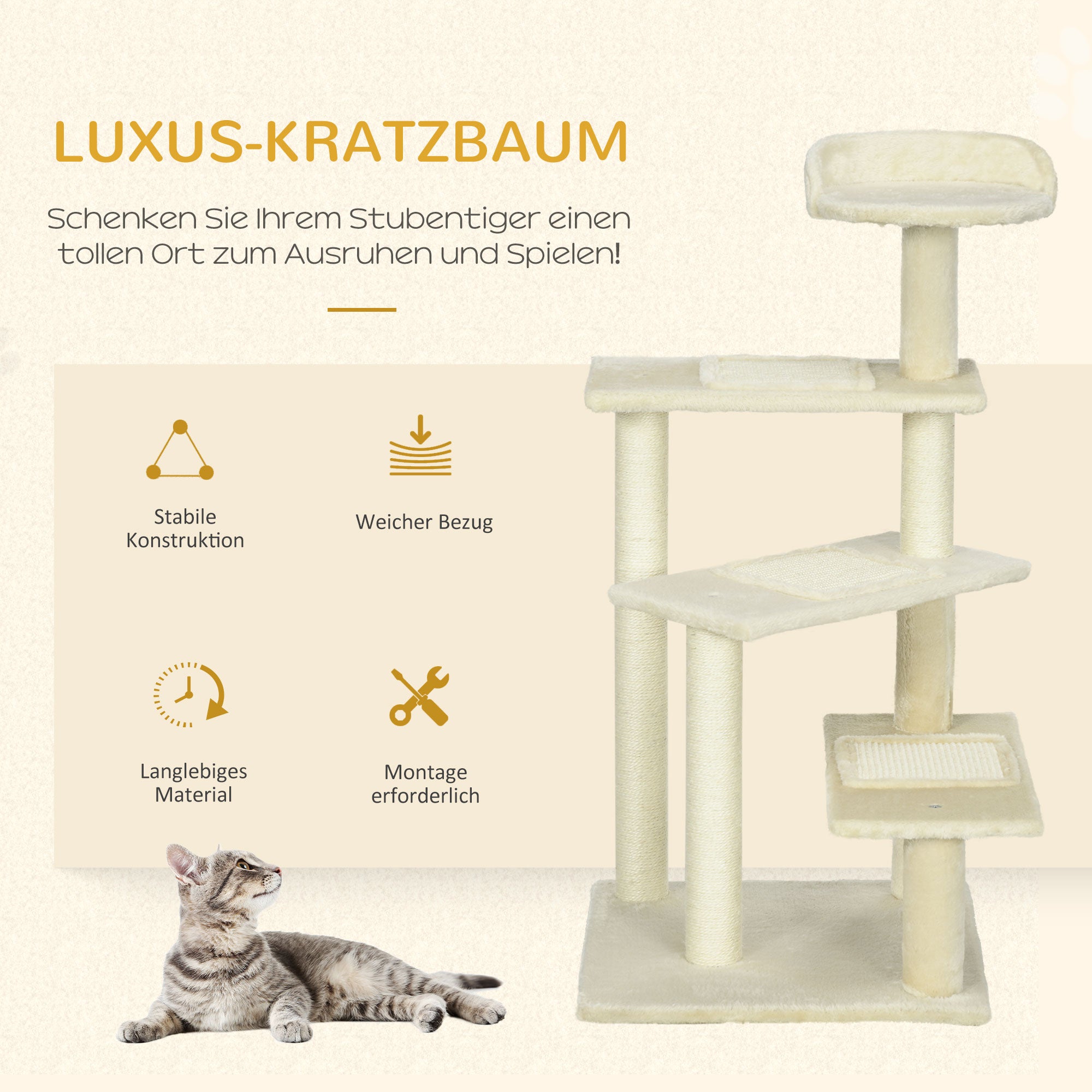 PawHut Kratzbaum 100 cm Katzenturm mit Sisalstämme, große Plattform, mehrstöckiger Katzenkratzbaum, Kletterbaum, für kleine & mittelgroße Katzen, Beige