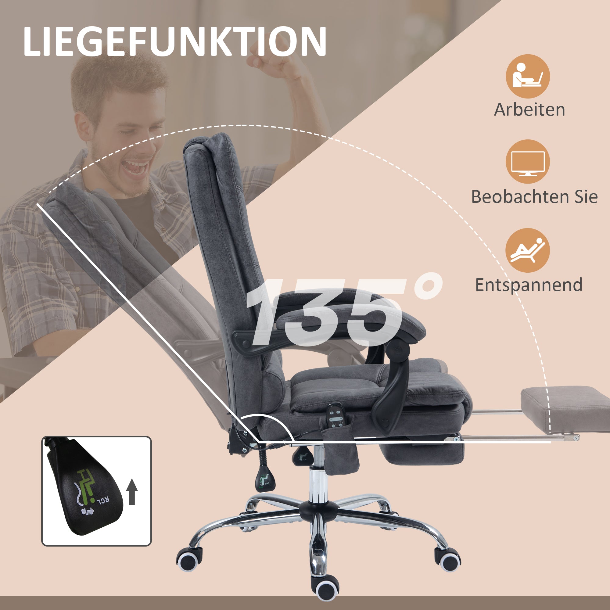 Vinsetto Massagstuhl Bürostuhl mit Massagefunktion, inkl. Fußstütze, höhenverstellbar, 64 cm x 70 cm x 118 cm, Schwarz