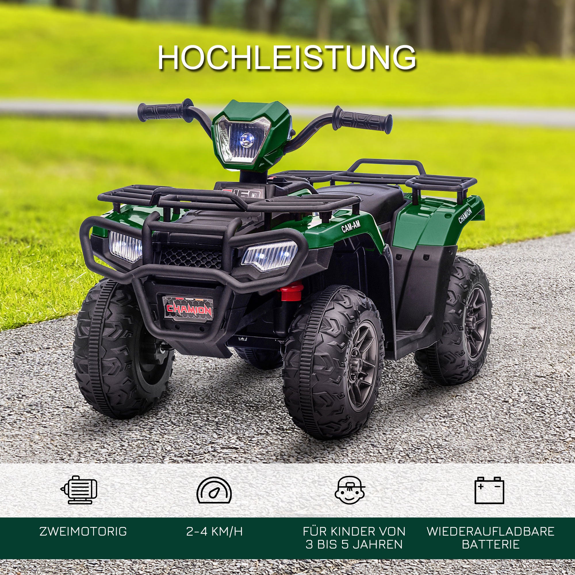 HOMCOM Kinder-Elektroquad, max. 4 km/h, ab 3 Jahren, LED-Scheinwerfer, Musikanschluss, schwarz+grün 88 x 45 x 50 cm