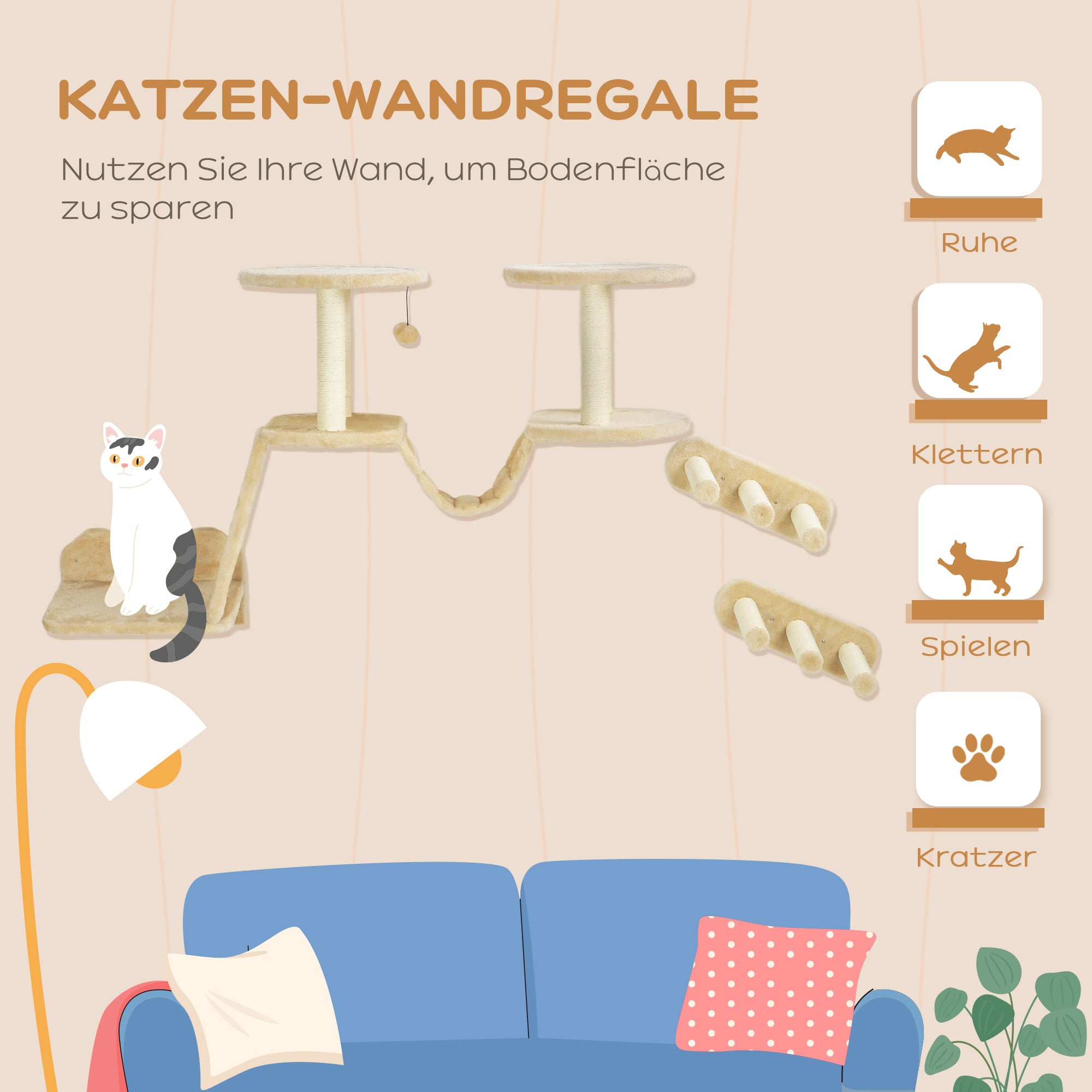 PawHut Katzentreppen-Set, Wand- und Deckenmontage, für Katzen bis 5 kg, Beige