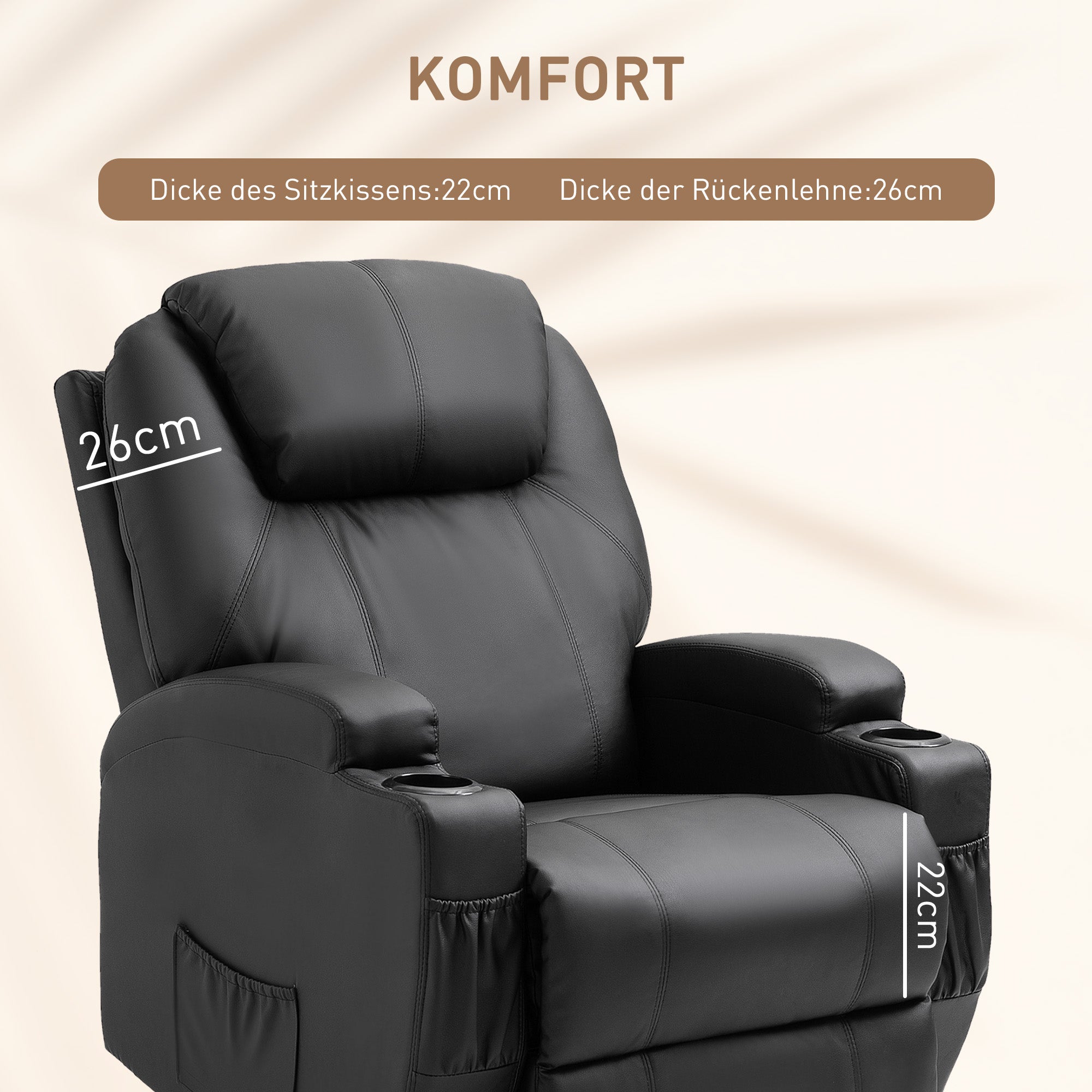 HOMCOM Massagesessel Elektrisch Relaxsessel Fernsehsessel Massagefunktion Liegefunktion TV-Sessel mit 2 Seitentaschen und Getränkehalter Kunstleder Schwarz 82 x 97 x 110 cm