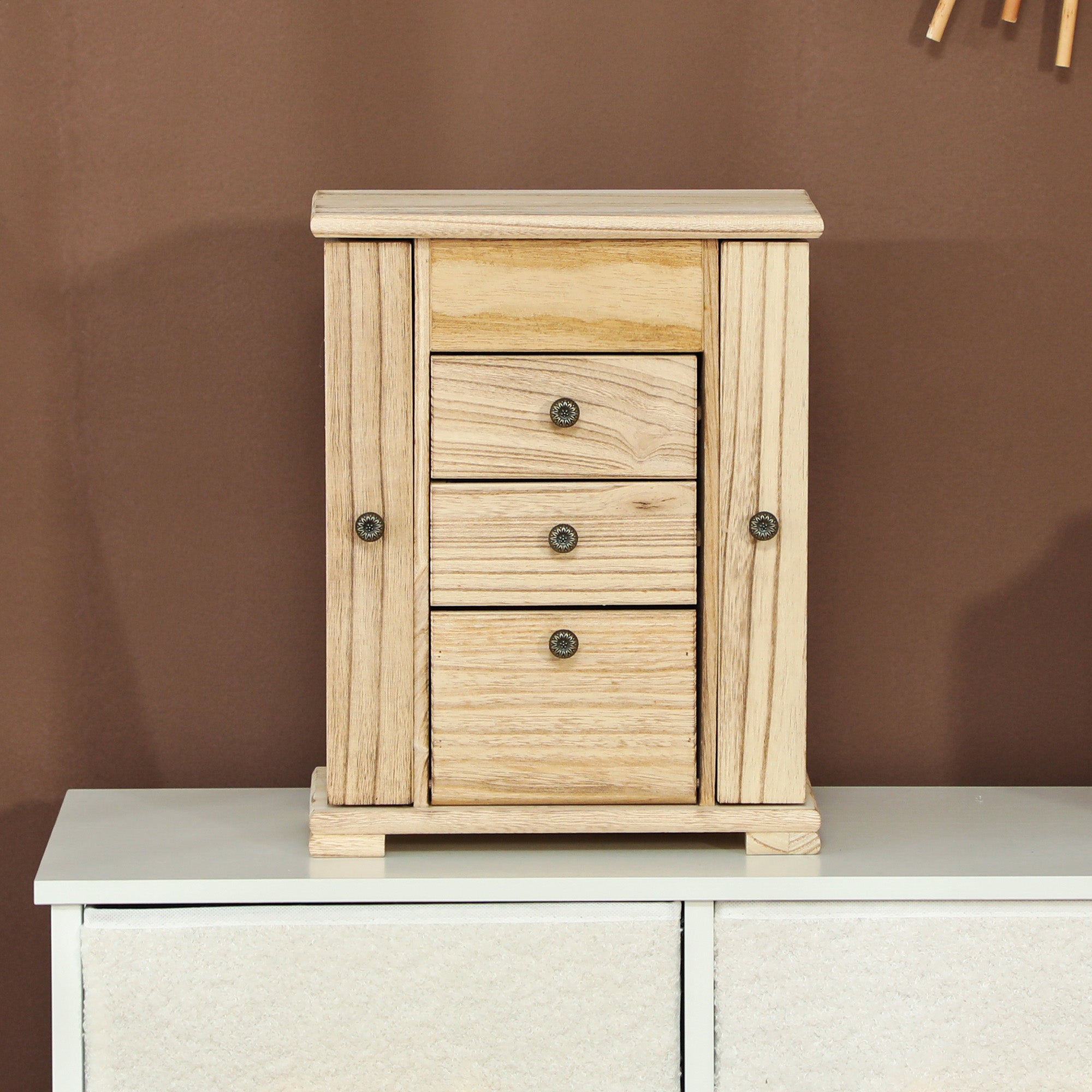 HOMCOM Schmuckbox, Schmuckschatulle, 4-stufiges Layout, integrierter Spiegel, Holz, Braun