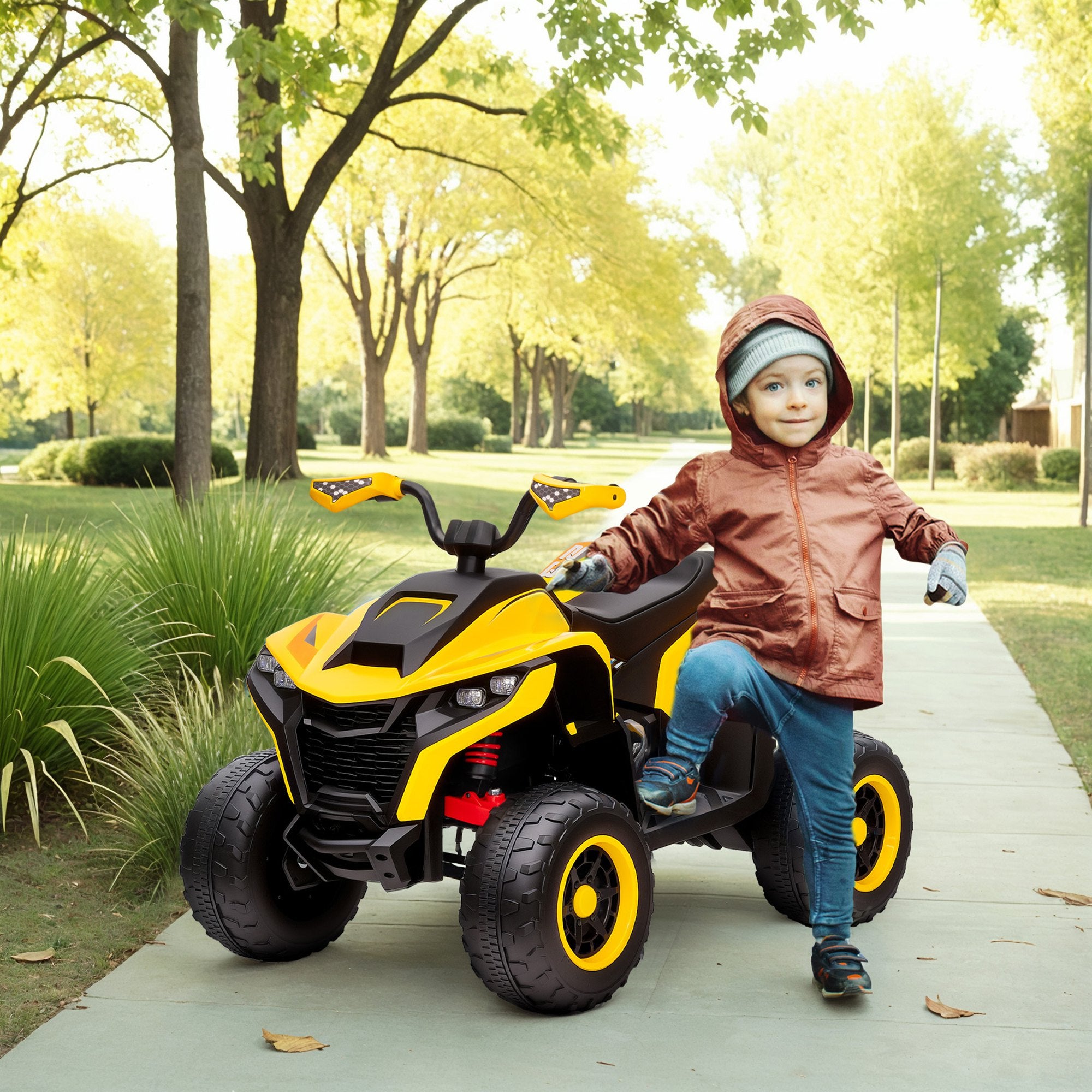 AIYAPLAY Elektroquad für Kinder, 3-6 km/h, LED-Scheinwerfer, Musik, USB, für 3-8 Jahre, Gelb