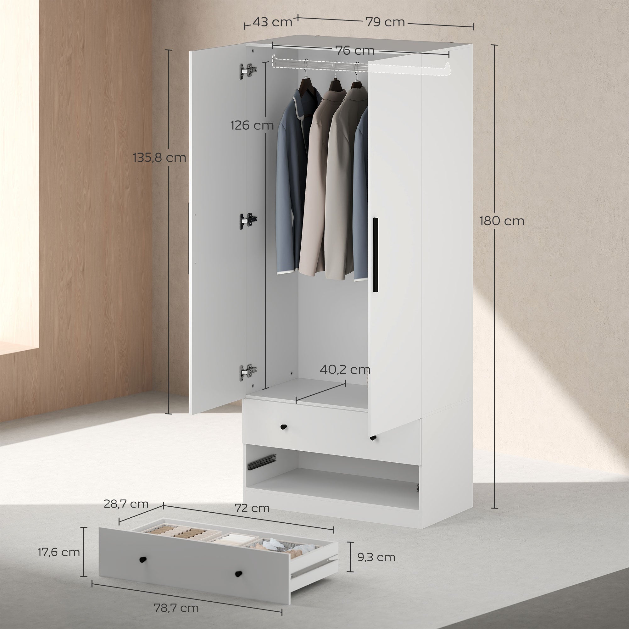 HOMCOM Kleiderschrank, 2 Türen, Hängebereich, Kleiderstange, 2 Schubladen, Spanplatte, Weiß