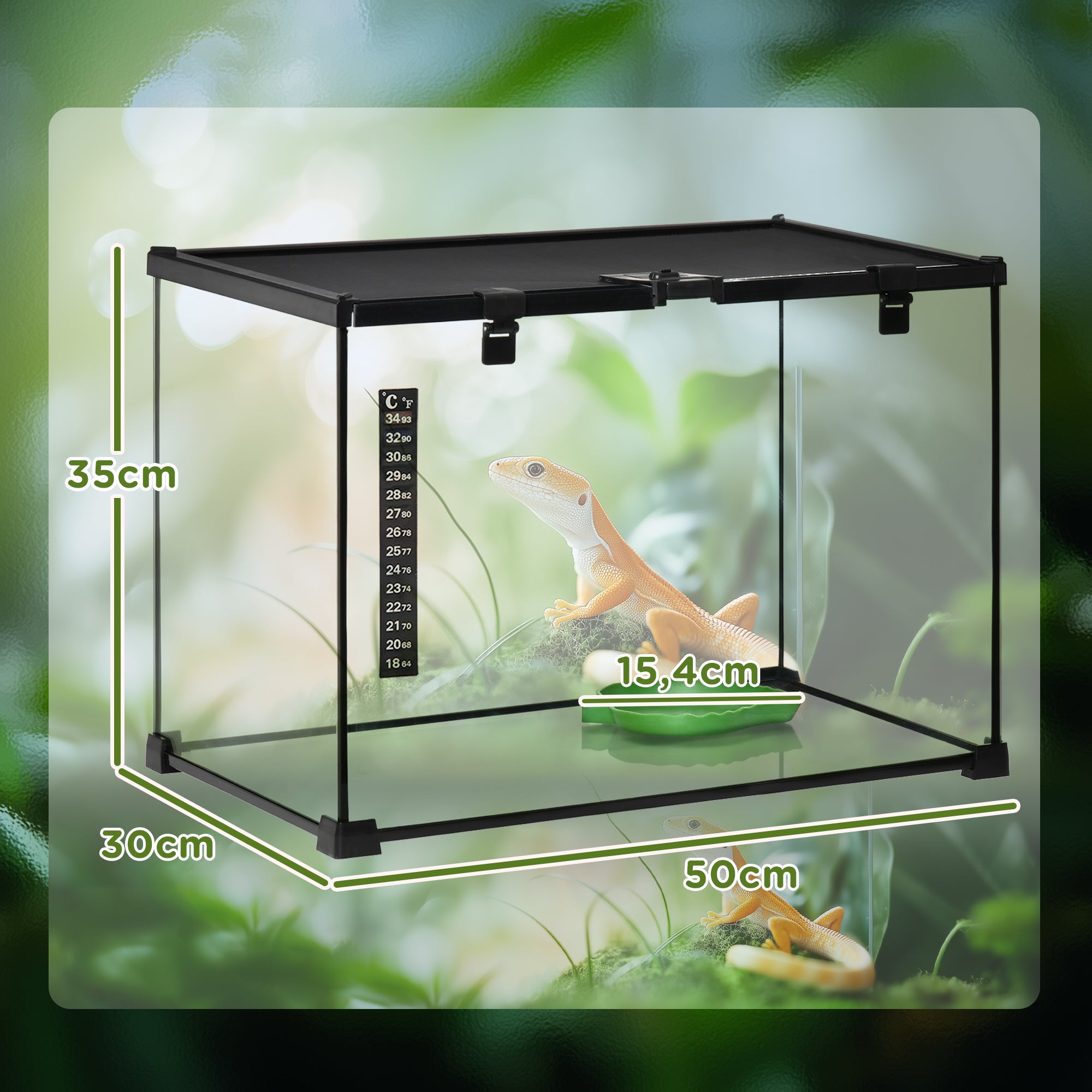 PawHut Terrarium für Reptilien Reptile Fütterungsbox Glasterrarium Amphibien Spinnentiere mit Thermometer Reptilienzuchtbox Metall Schwarz 50 x 30 x 35 cm