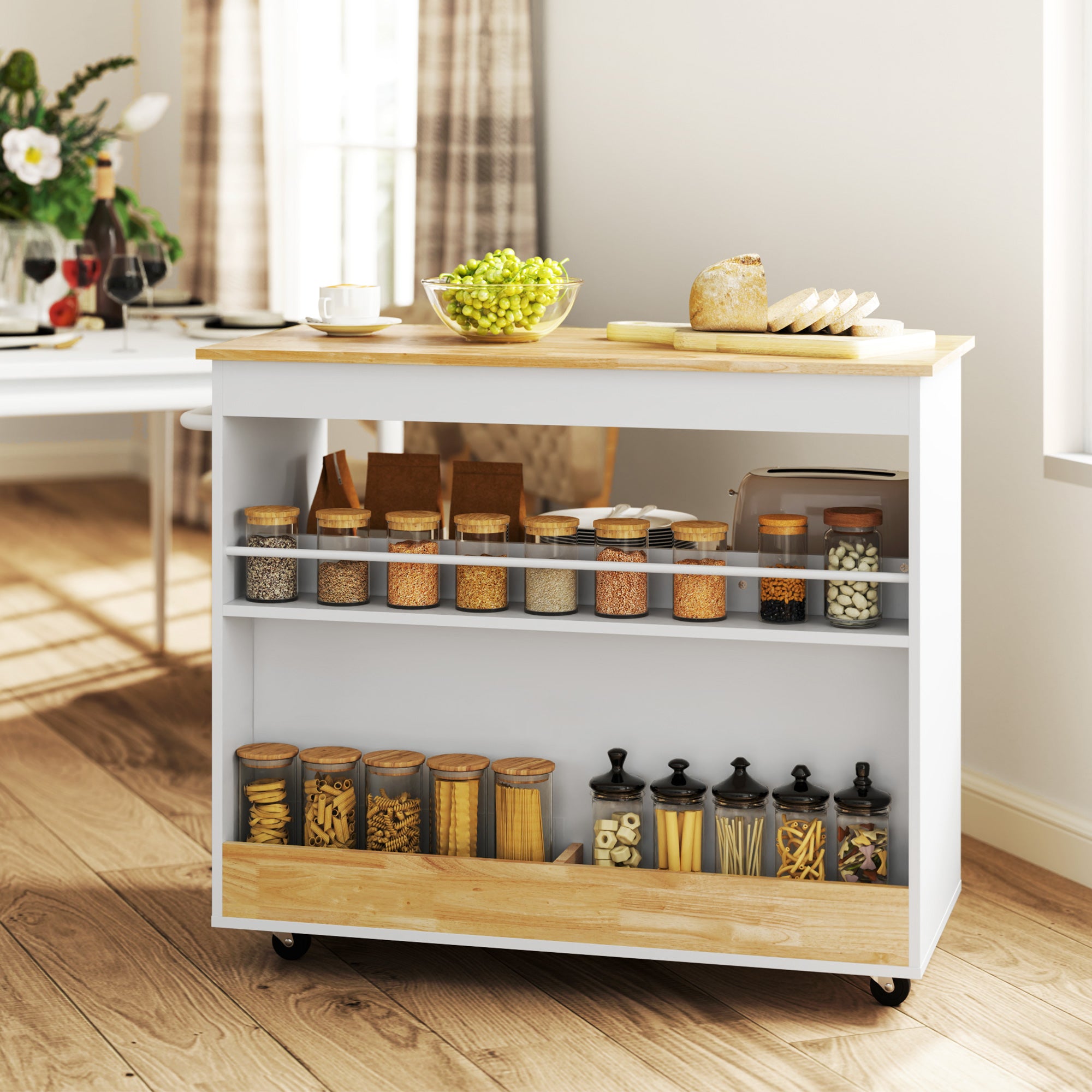 HOMCOM Küchenwagen, Rollbare Kücheninsel, Küchen-Trolley mit Fächern, Schrank und Arbeitsfläche, Weiß