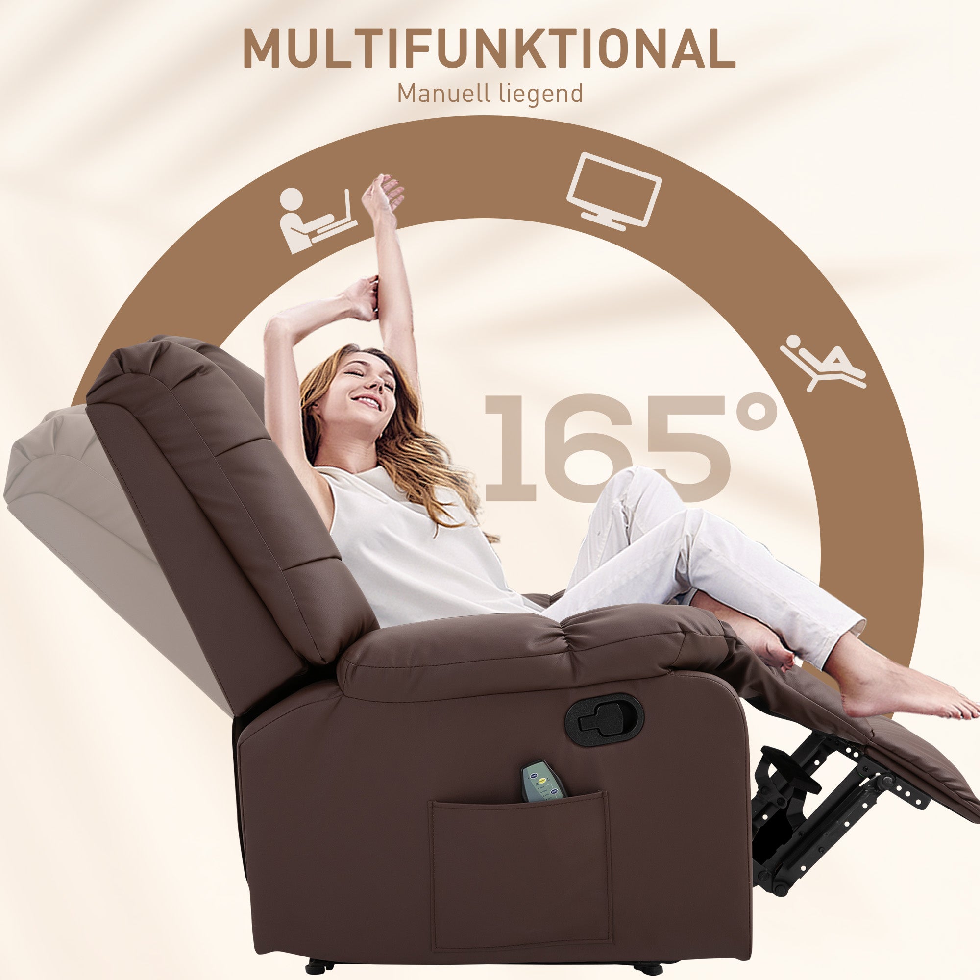 HOMCOM Massagesessel neigbar mit Fernbedienung 94 x 99 x 99cm Kunstleder Braun