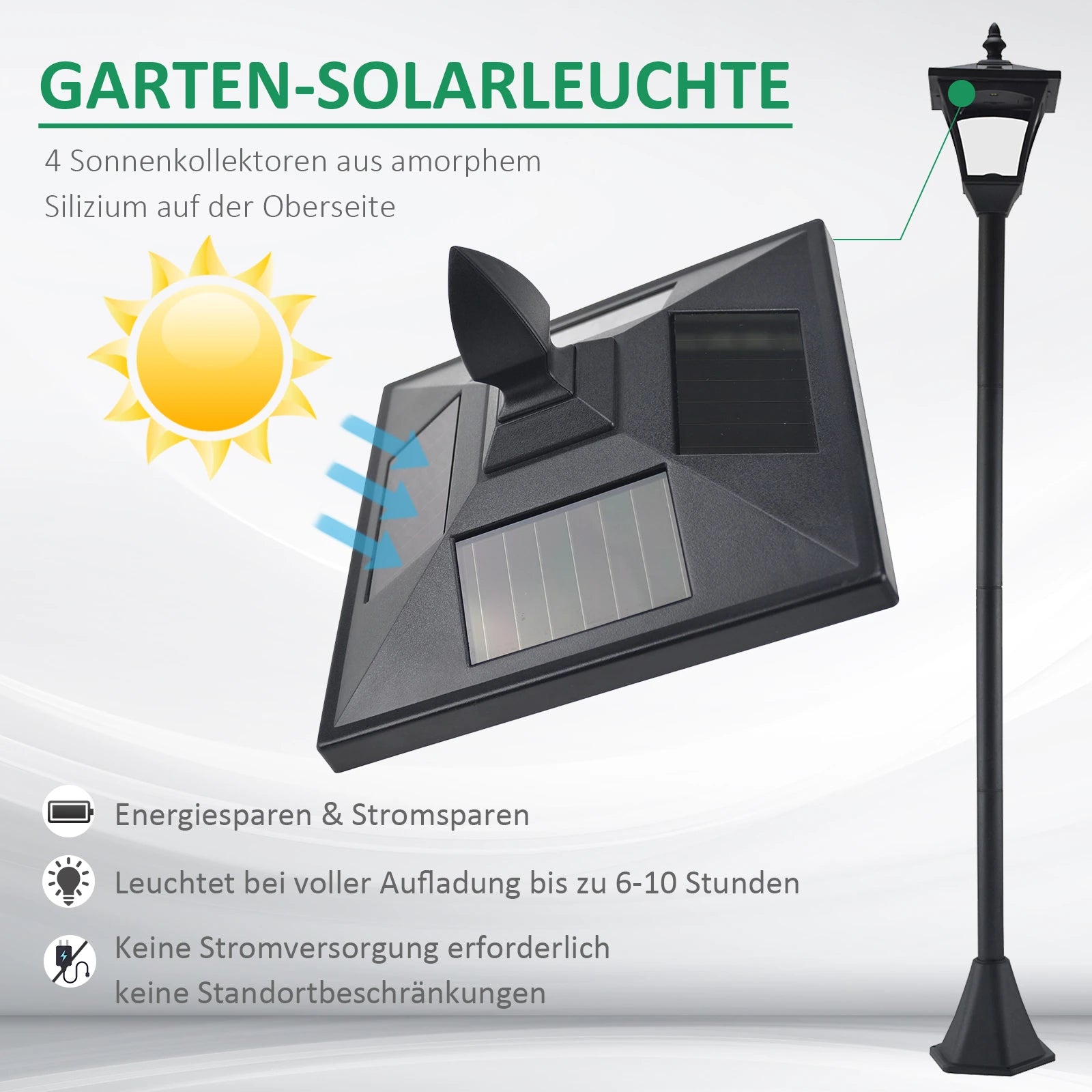 Outsunny LED Solar Gartenlaterne, Stehleuchte aus Edelstahl Gartenlampe 160 cm hoch Windlicht Außenleuchte IP44, Solarlampe mit Lichtsensor 30 Lumen Erdspieß, Gartenlampe für Garten Balkon Schwarz