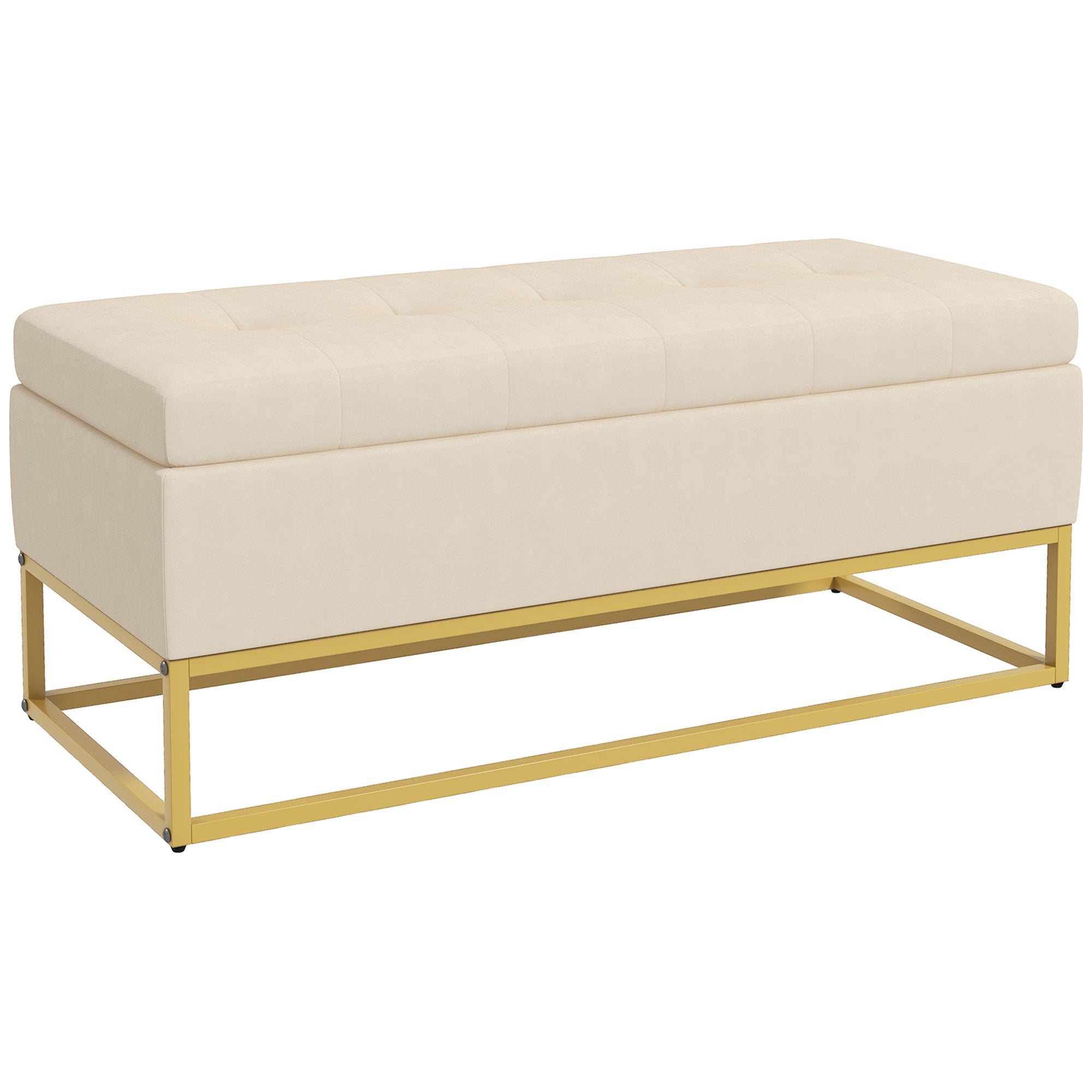 HOMCOM Sitzbank mit Stauraum, dekorative Knopfheftung, Flanelloptik, goldfarbene Stahlbeine, 110 x 47 x 46,5 cm