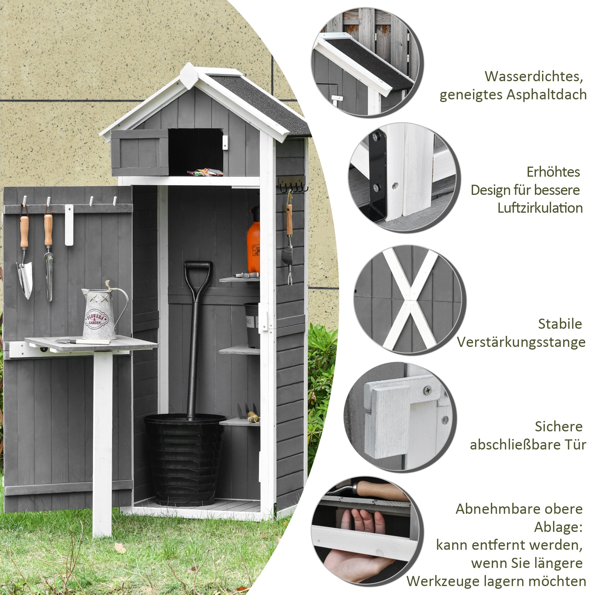 Outsunny Gartenschrank Holz, Geräteschuppen wetterfest 78x52,5x182cm, Gerätehaus mit Tür, Satteldach, Geräteschrank mit Haken, faltbar Tisch, Werkzeugschrank Gartenschuppen für Garten, Terrasse, Grau