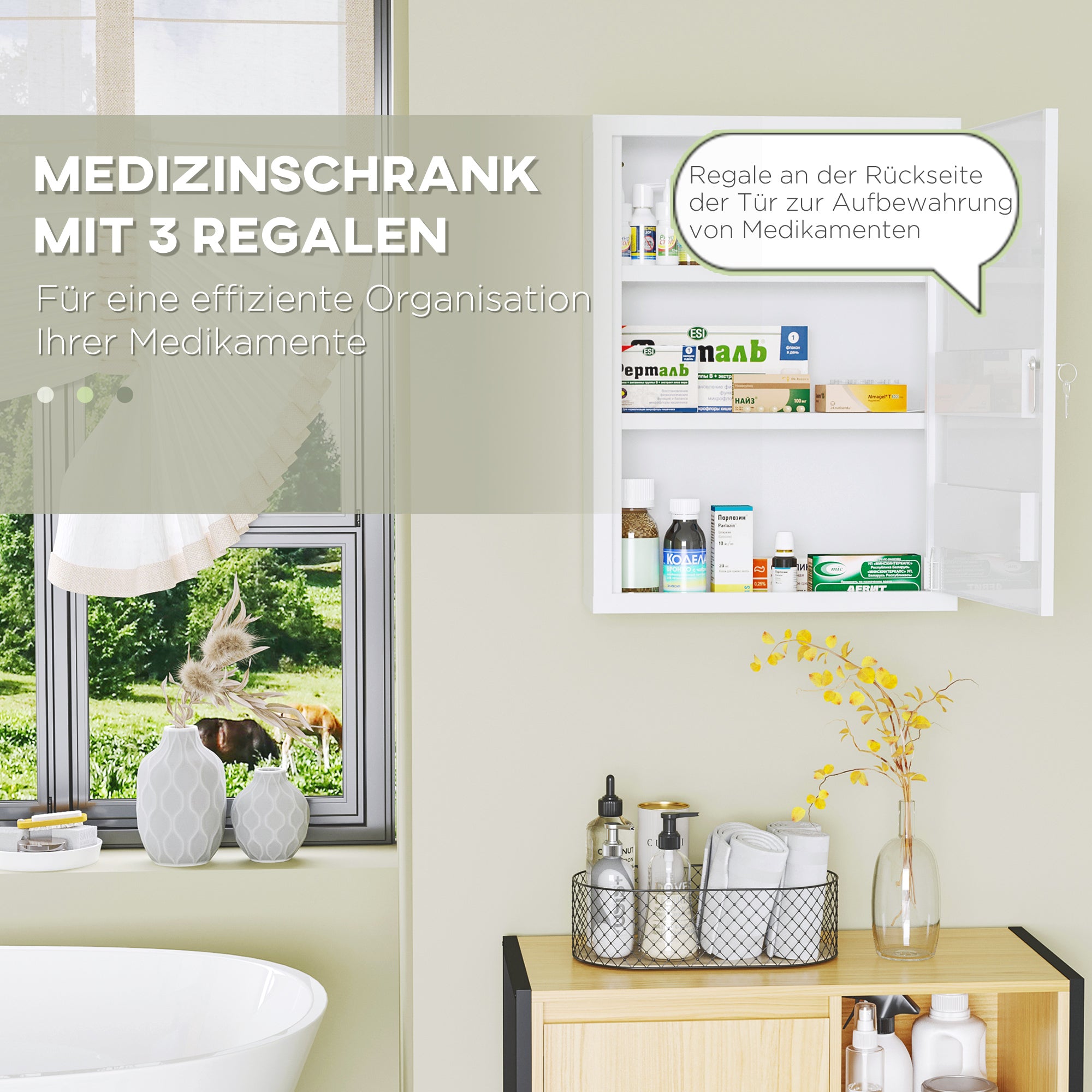 kleankin Medizinschrank, 3 Fächer, abschließbar, mit Rezeptfach, stabiles Stahlgehäuse, weiß, 40 x 15 x 53,5 cm