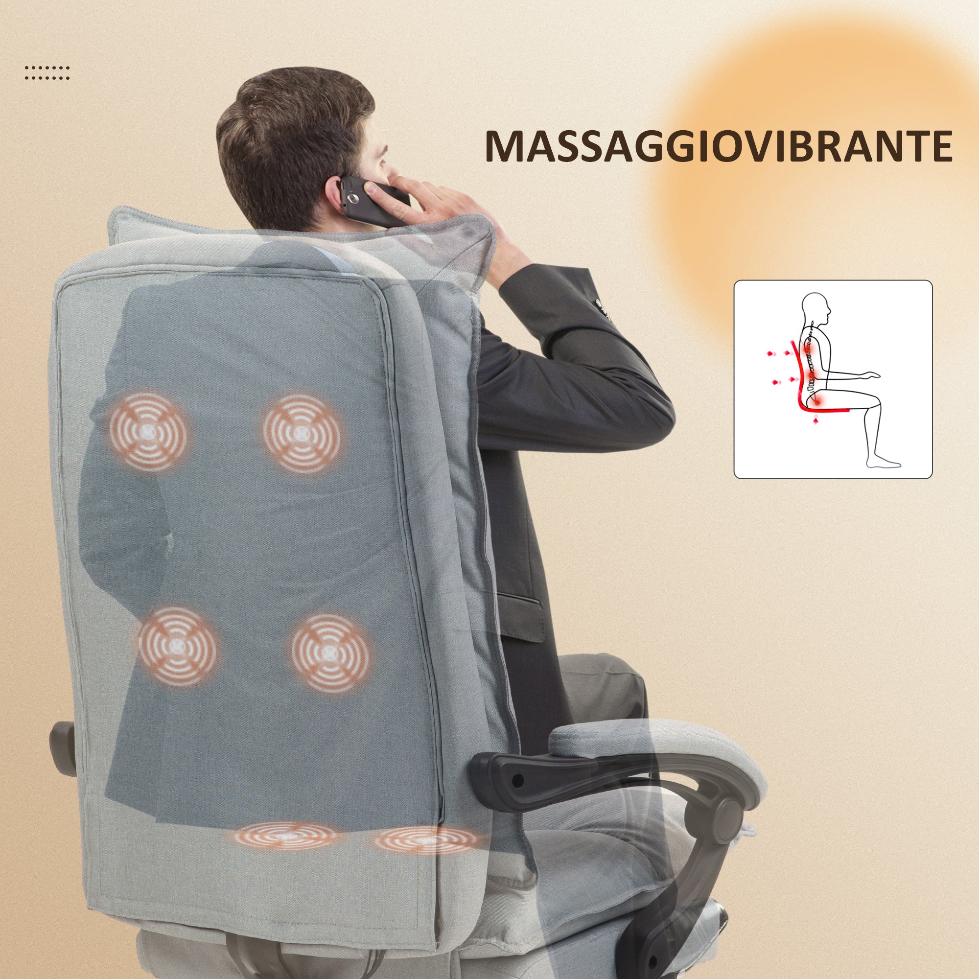 Vinsetto Massage-Bürostuhl, Schreibtischsessel mit Massagefunktion, höhenverstellbarer, ergonomischer Drehstuhl, Nylon, Hellgrau