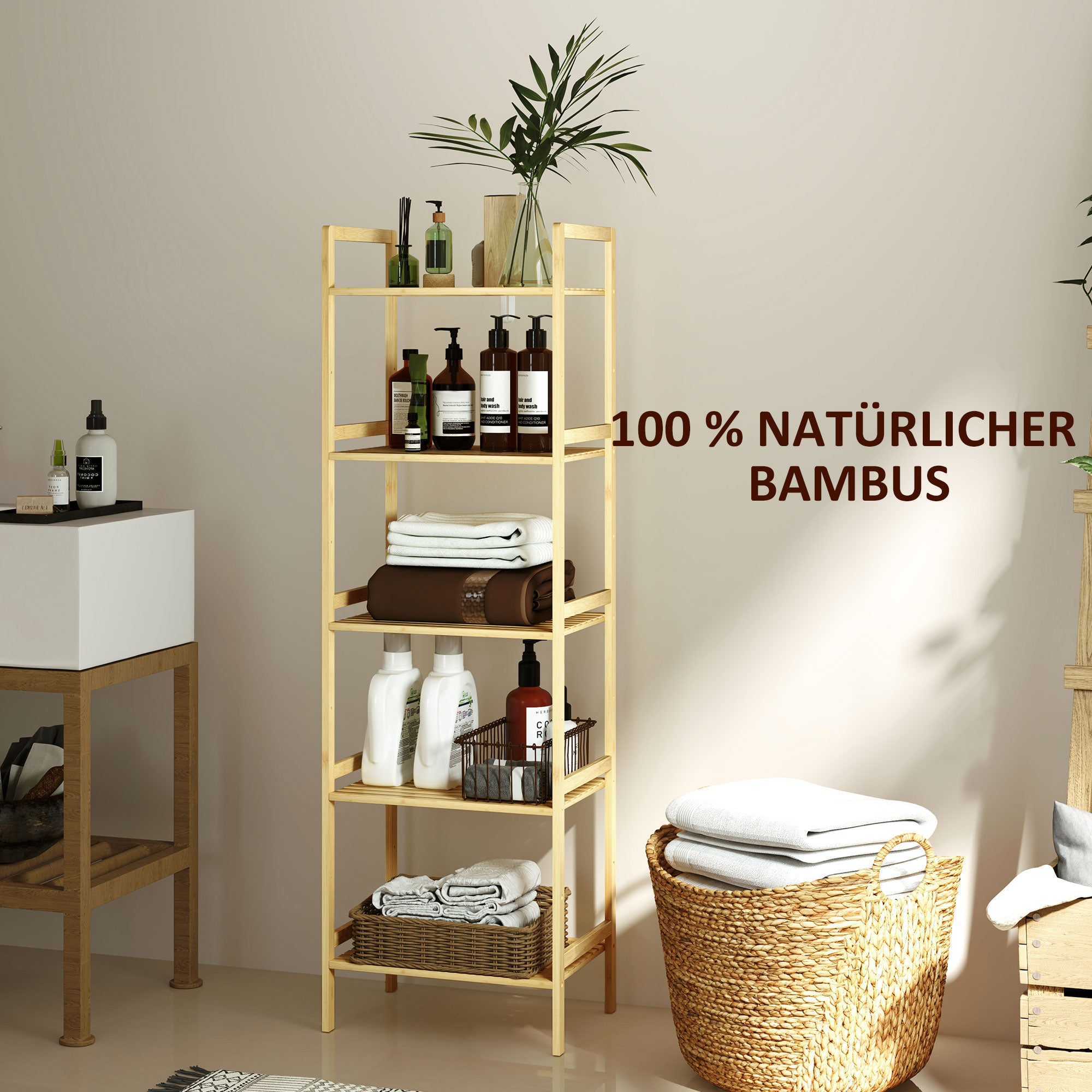 HOMCOM Bambus-Badezimmerregal mit 5 Ebenen, Aufbewahrungsregal mit verstellbaren Regalböden, 43,5 x 31,5 x 142 cm, Naturholz
