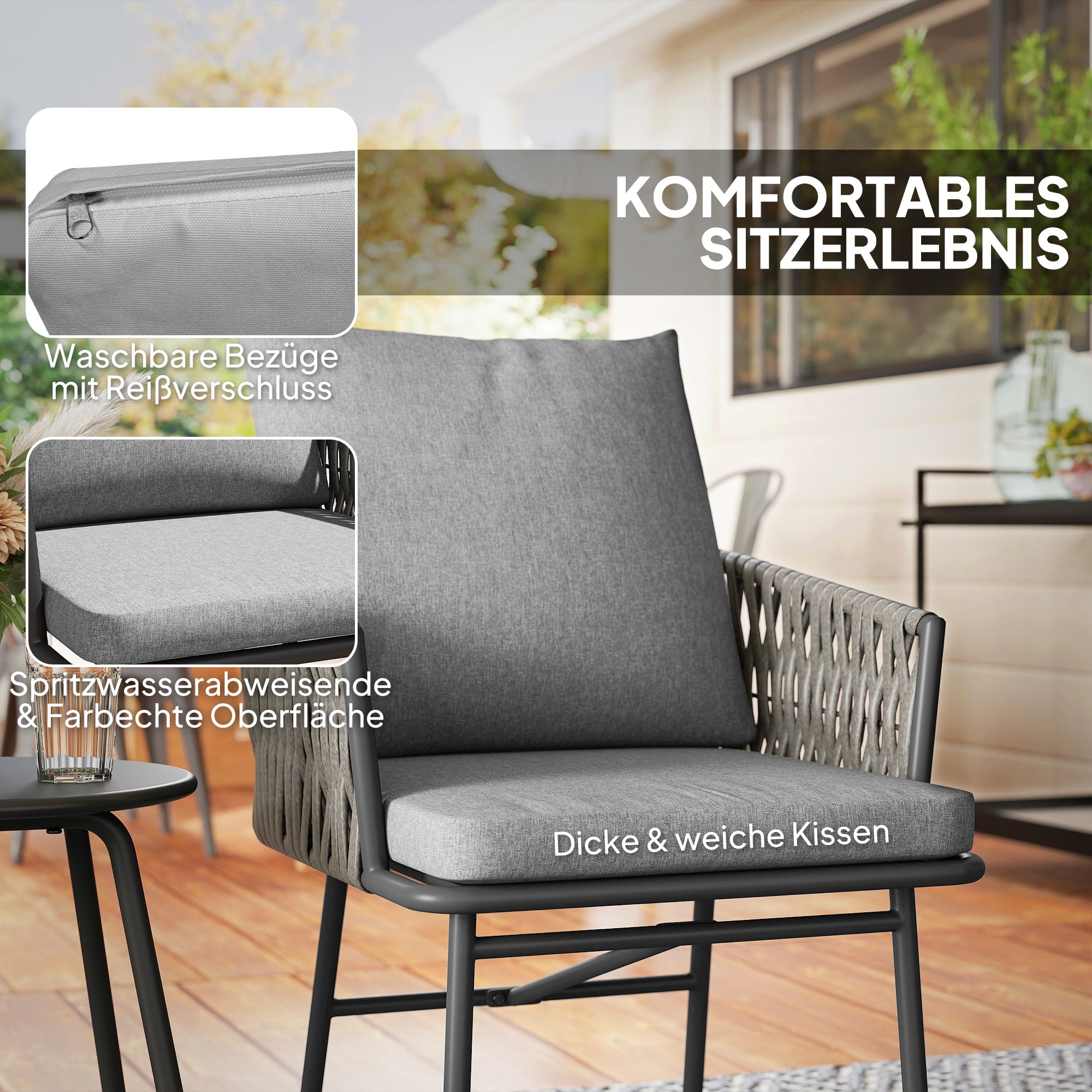 Outsunny 3-teiliges Außenmöbel-Set, 2 Stühle, 1 Tisch, Bistro-Set, Kunst-Rattan, Stahlrahmen, Metalltisch, 4 Kissen, Grau