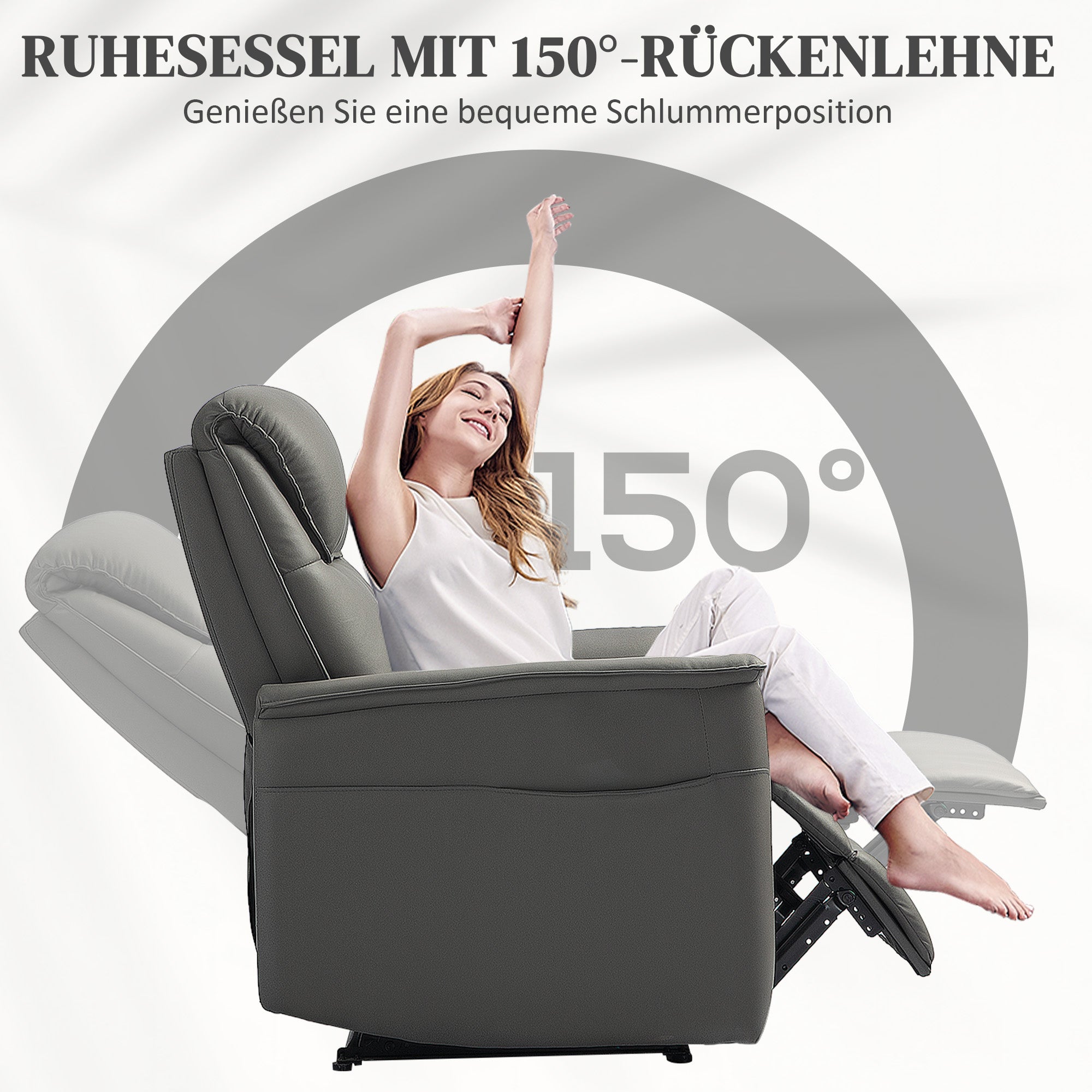 HOMCOM Liegesessel mit Taschenfederkernsitz und verstellbarer Fußstütze, Seitentaschen, für Wohnzimmer, Schlafzimmer, Hellgrau