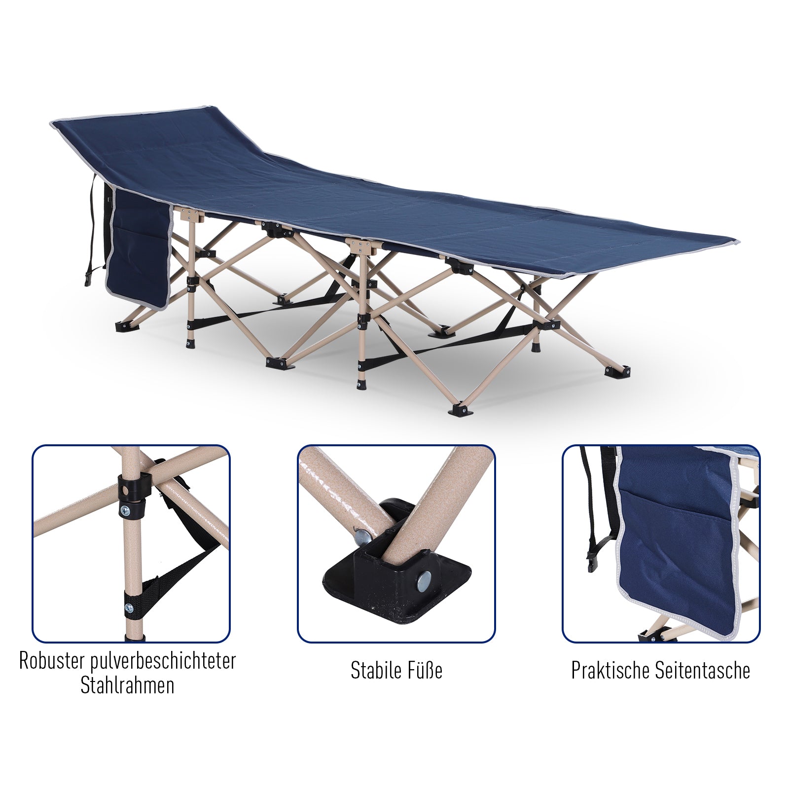 Outsunny Feldbett, Camping-Bett, klappbar, wetterbeständig, ink. Tragetasche, 190 cm x 68 cm x 52 cm, Blau