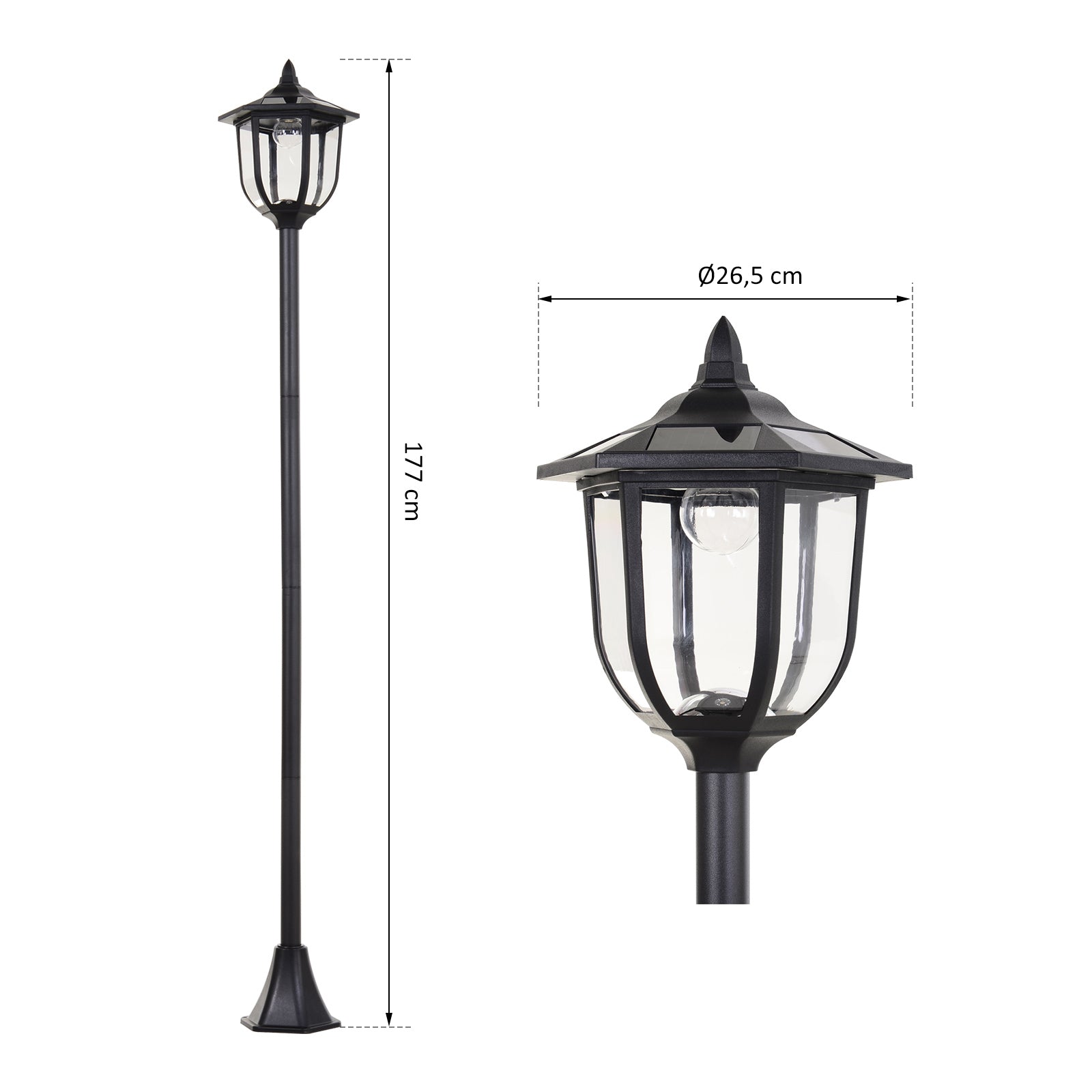 Outsunny Solar LED Gartenlaterne, Laterne aus Kunststoff, Außenleuchte für Innen und Außen 177 cm hoch, Gartenleuchte, 30/60 Lumen, für Garten Balkon Deko Schwarz