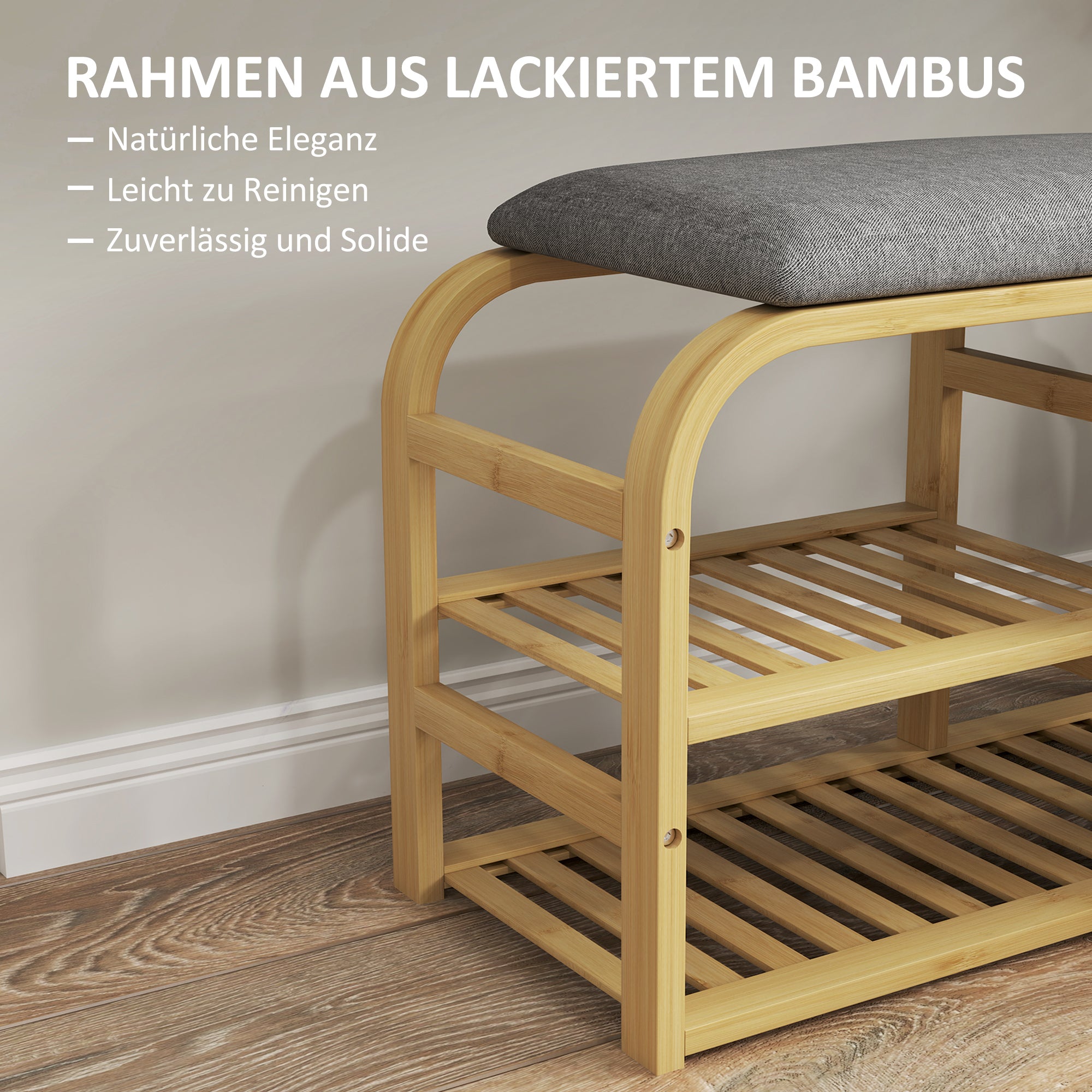 HOMCOM Schuhbank mit Regalen, Schuhaufbewahrungsbank, Bambus, Polstersitz, Grau