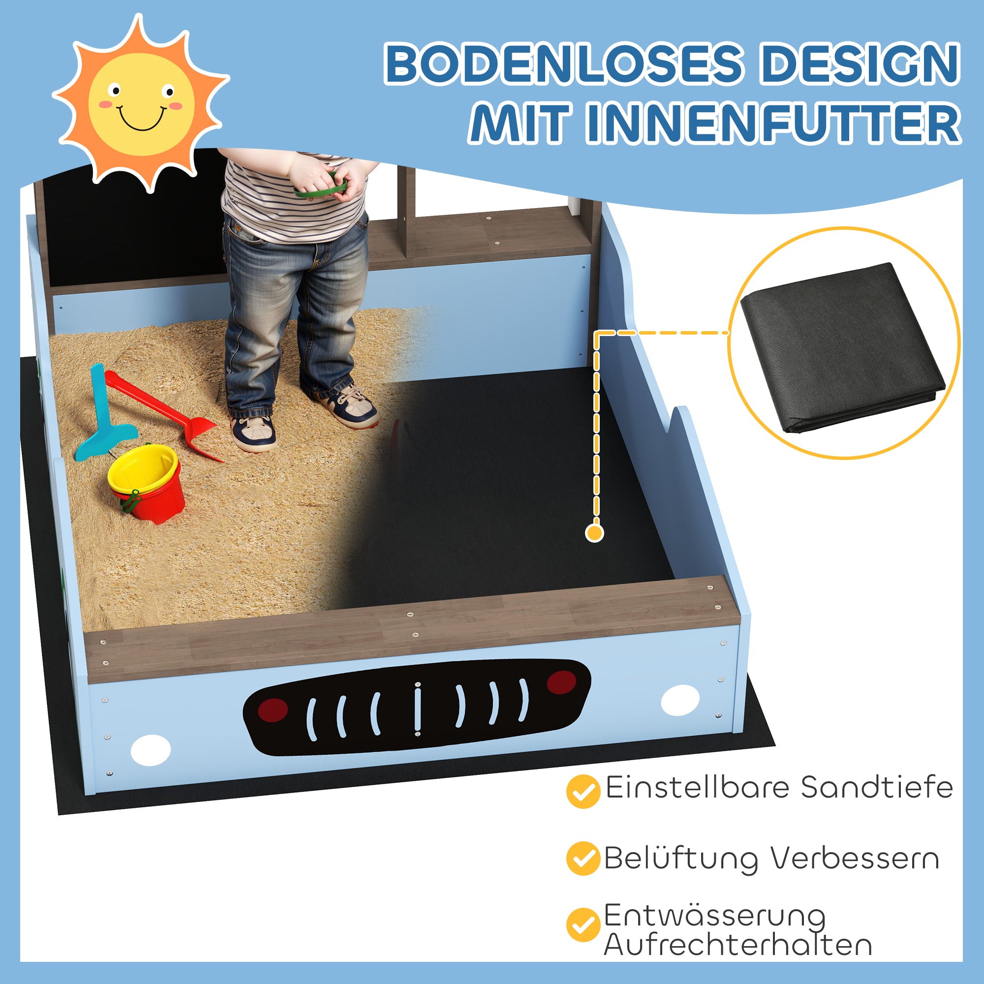 AIYAPLAY Sandkasten mit Vordach, Einkaufsladen-Design, Sitzbank, Zeichentafel, Tannenholz, 104H x 108L x 90B cm, Blau