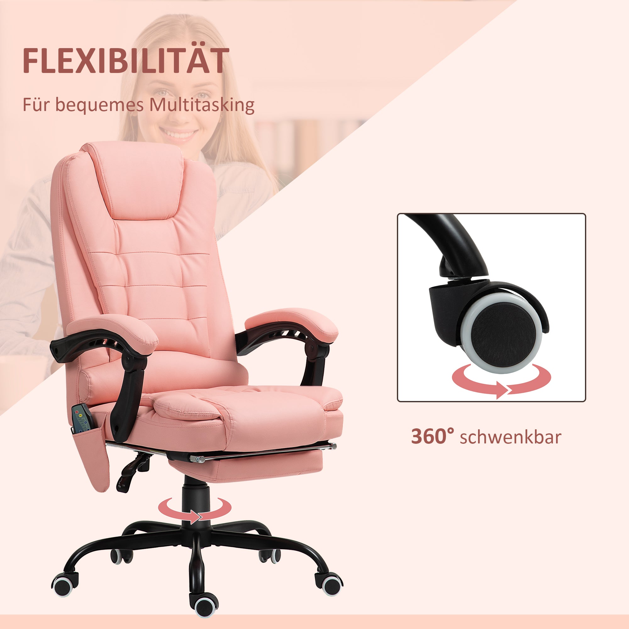 Vinsetto Massage-Bürostuhl, 7 Vibrationspunkte, verstellbare Fußstütze & Lehne, bis 120 kg, Lederoptik, Rosa