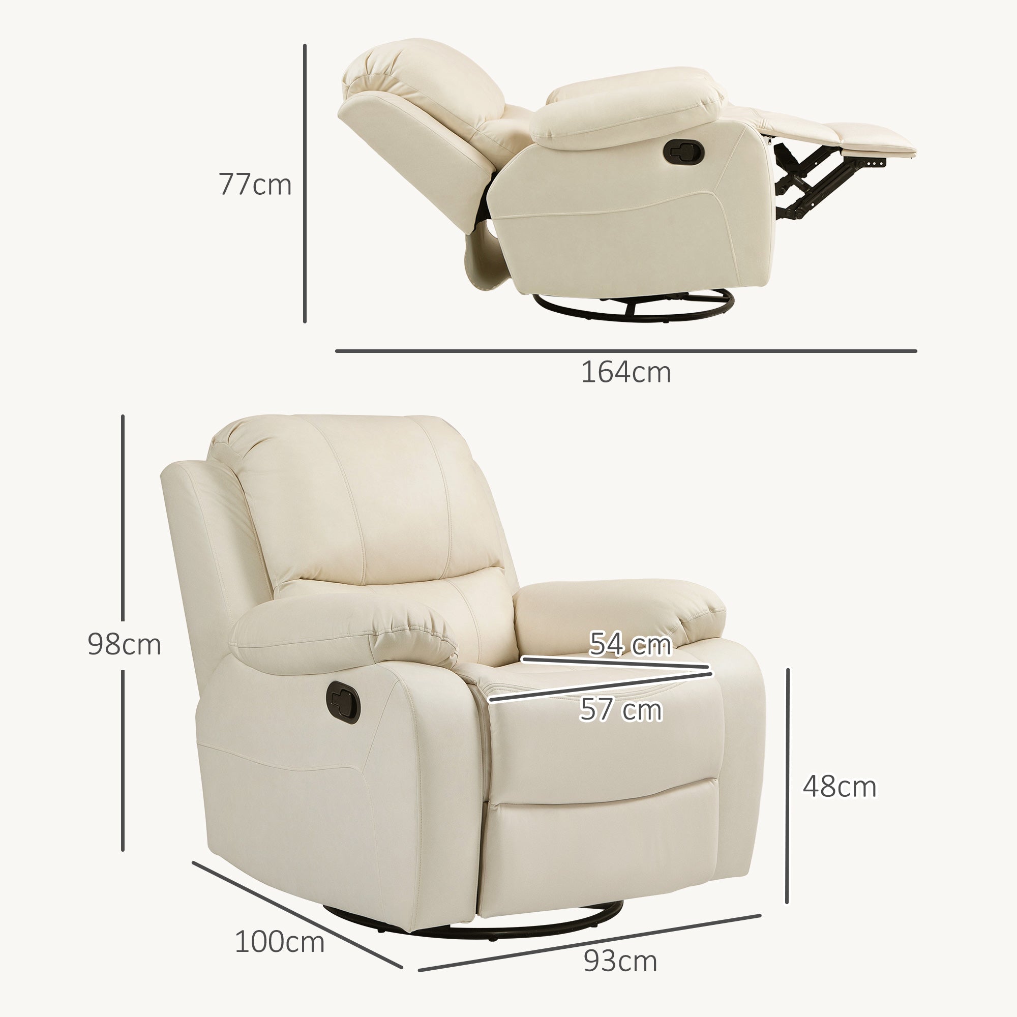 HOMCOM Relaxsessel, verstellbare Lehne & Fußstütze, drehbar, bis 150 kg, Stahlrahmen, 93x100x98cm, Cremeweiß