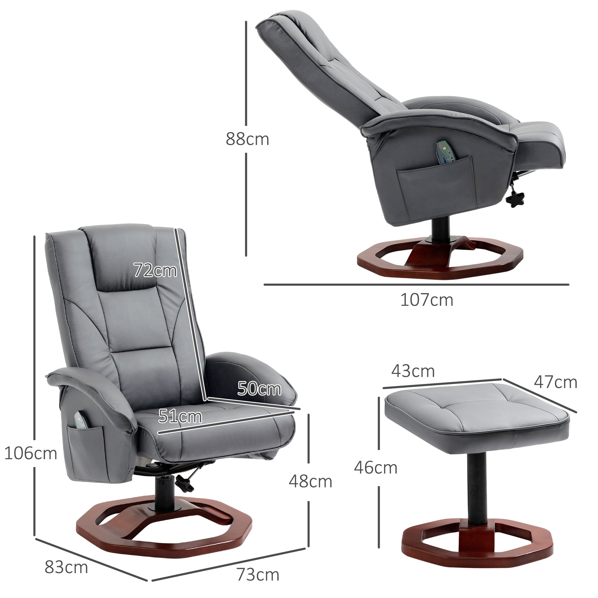 HOMCOM Massagesessel mit Hocker, Liegefunktion, Fernbedienung, drehbar, Lederoptik, bis 150 kg, Dunkelgrau