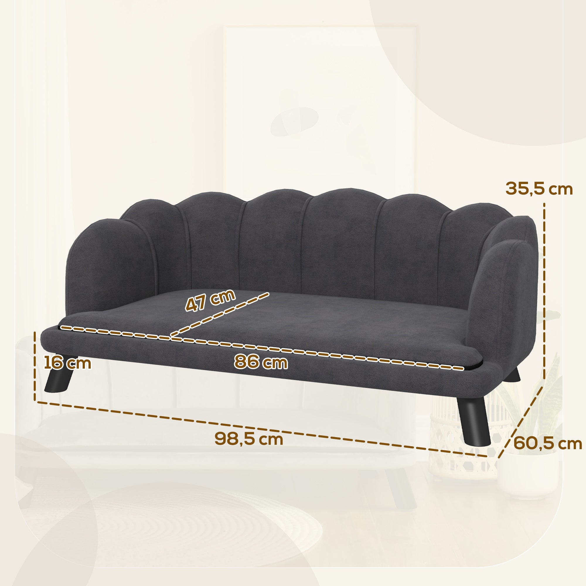 PawHut Hundesofa Hundecouch, Waschbarer Bezug, Haustiersofa mit Rückenlehne und Holzbeine, Katzensofa, für mittelgroße Hunde unter 25 kg, Dunkelgrau