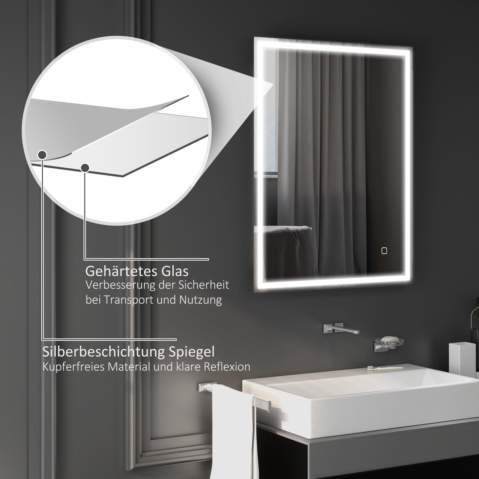 HOMCOM Badspiegel mit Beleuchtung 90x70 cm LED Spiegel Wandspiegel mit Memory-Funktion 3 Lichtfarben Silber