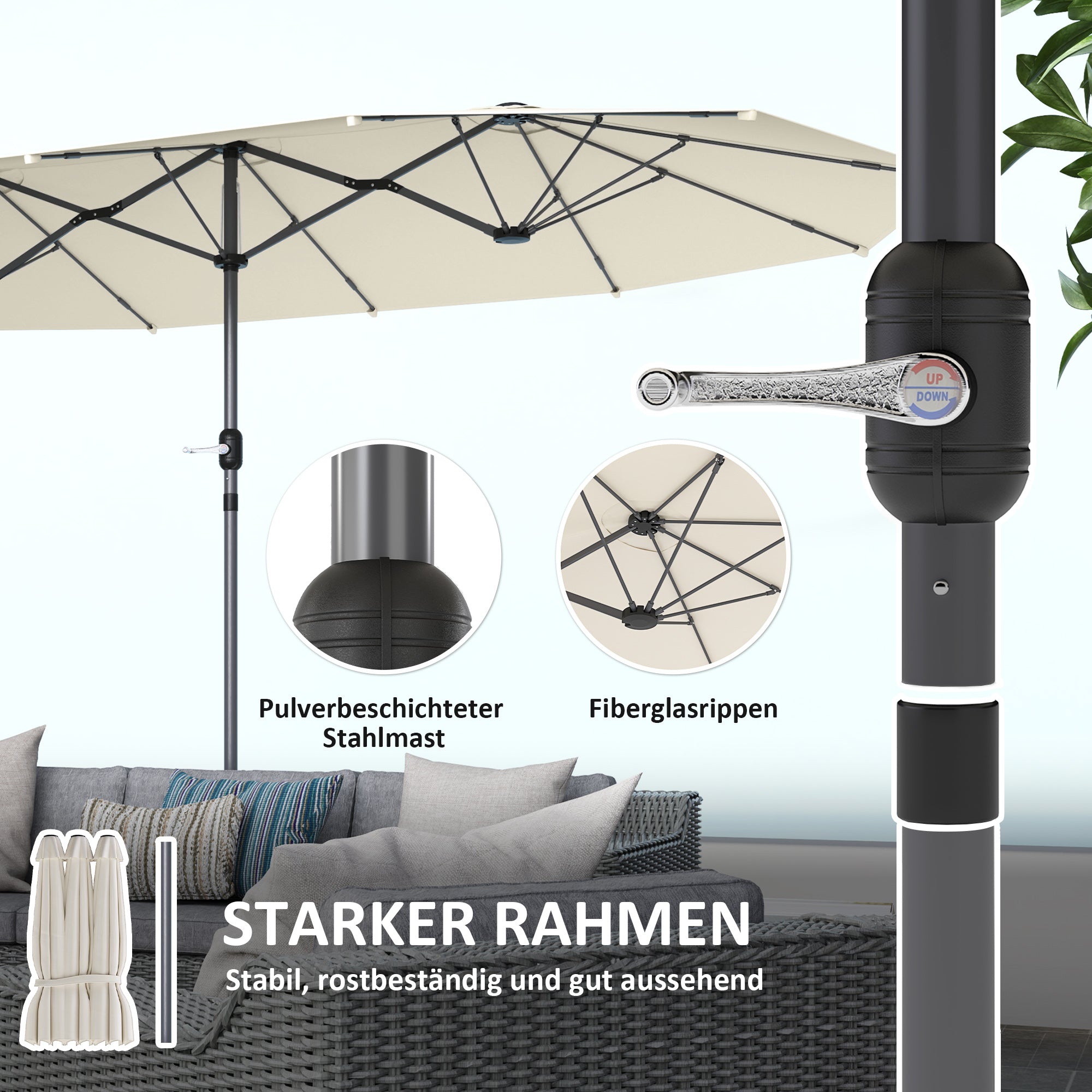 Outsunny Doppelsonnenschirm 436 x 260 cm, UV Schutz Stahl Sonnenschirm mit Handkurbel, oval Beige