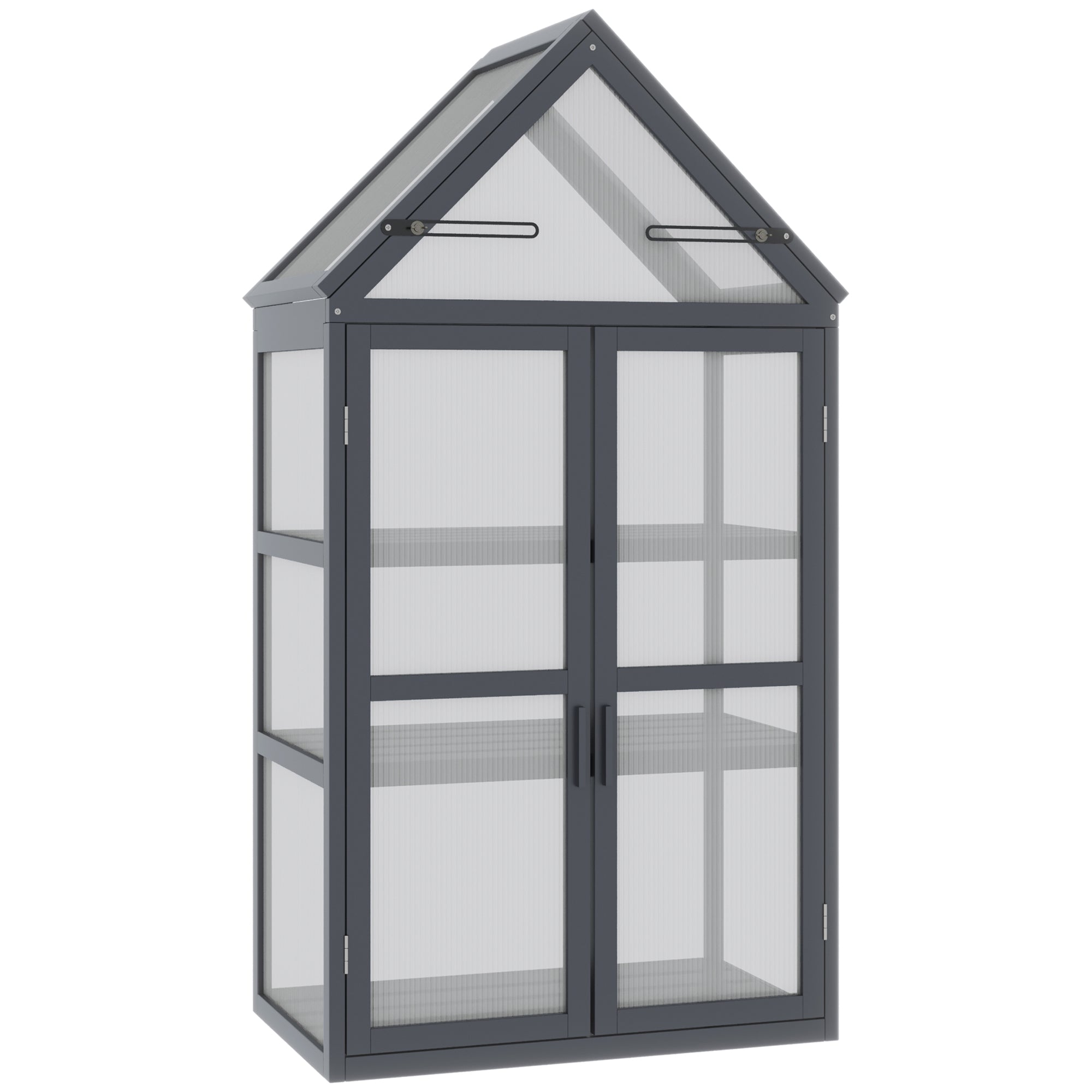 Outsunny Frühbeet Mini Gewächshaus 3 Ebenen Treibhaus Pflanzenbeet mit aufklappbarem Dach Doppeltüren aus Holz Polycarbonat wetterfest Natur 70,5 x 42 x 132 cm