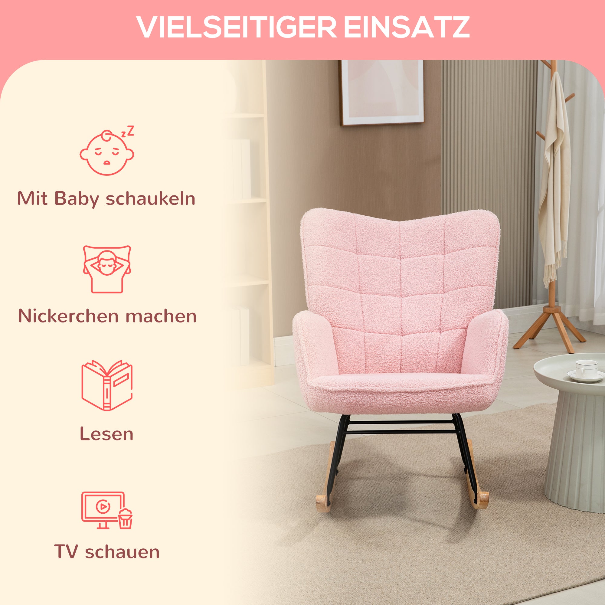 HOMCOM Schaukelstuhl im Retro-Design, Massivholz, Sessel, Relaxsessel, 98 cm x  71 cm x 101 cm, Rosa