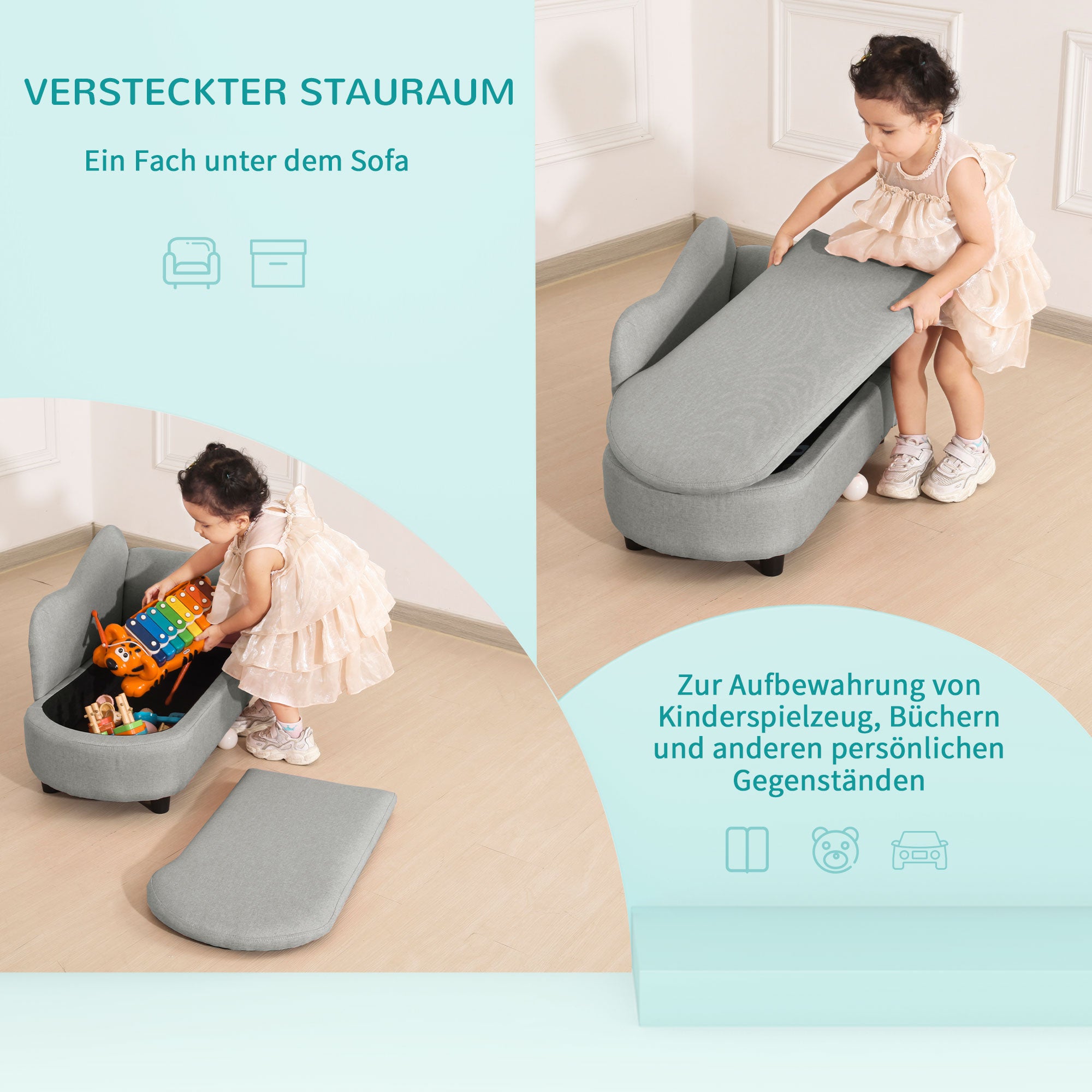 HOMCOM Kindersofa, Récamiere, verstecktes Staufach, Rahmen aus Eukalyptusholz, grau, 80 x 40 x 49cm