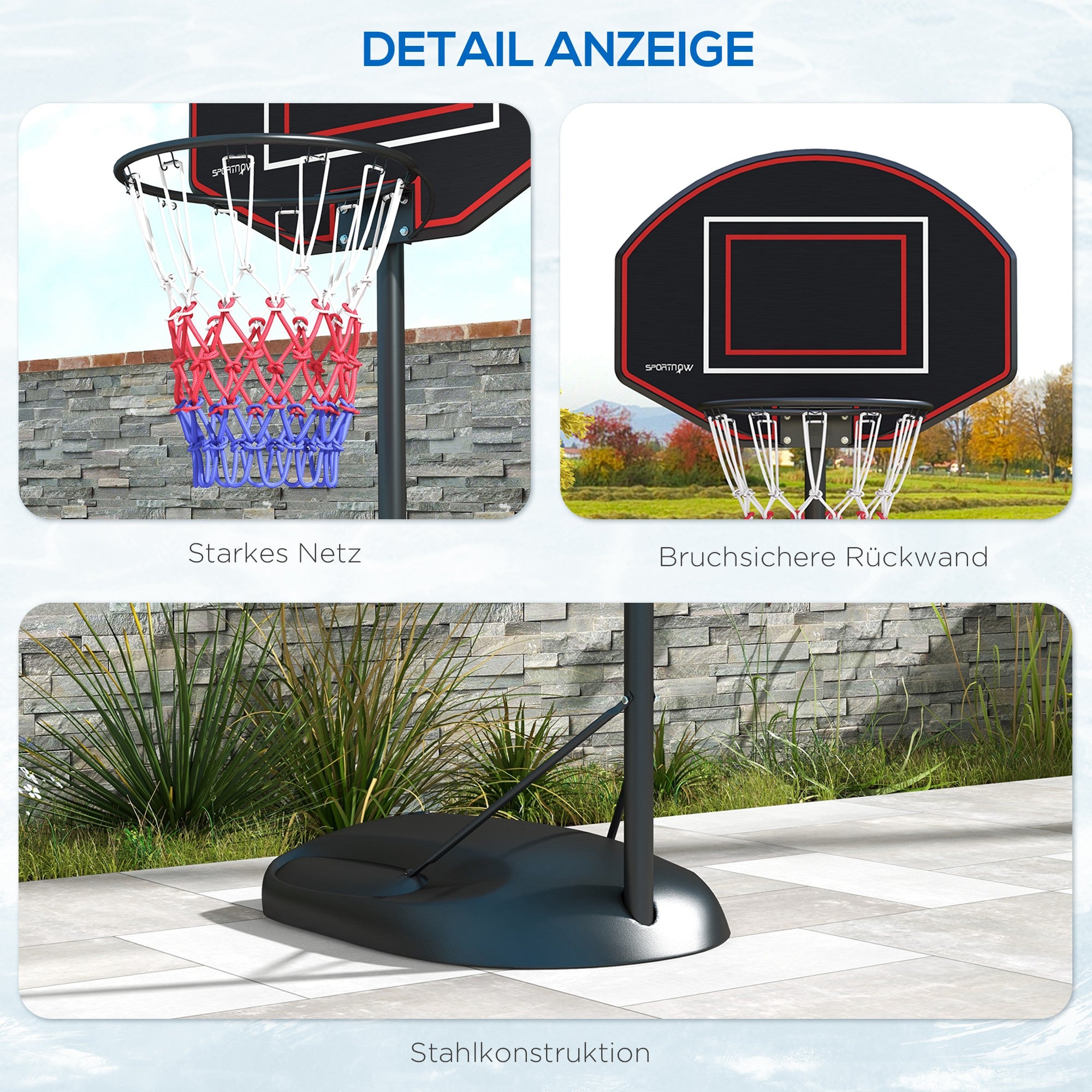 SPORTNOW Basketballständer, höhenverstellbar, robust, 1,7-2,3 m Korbhöhe, Stahlrahmen, Schwarz