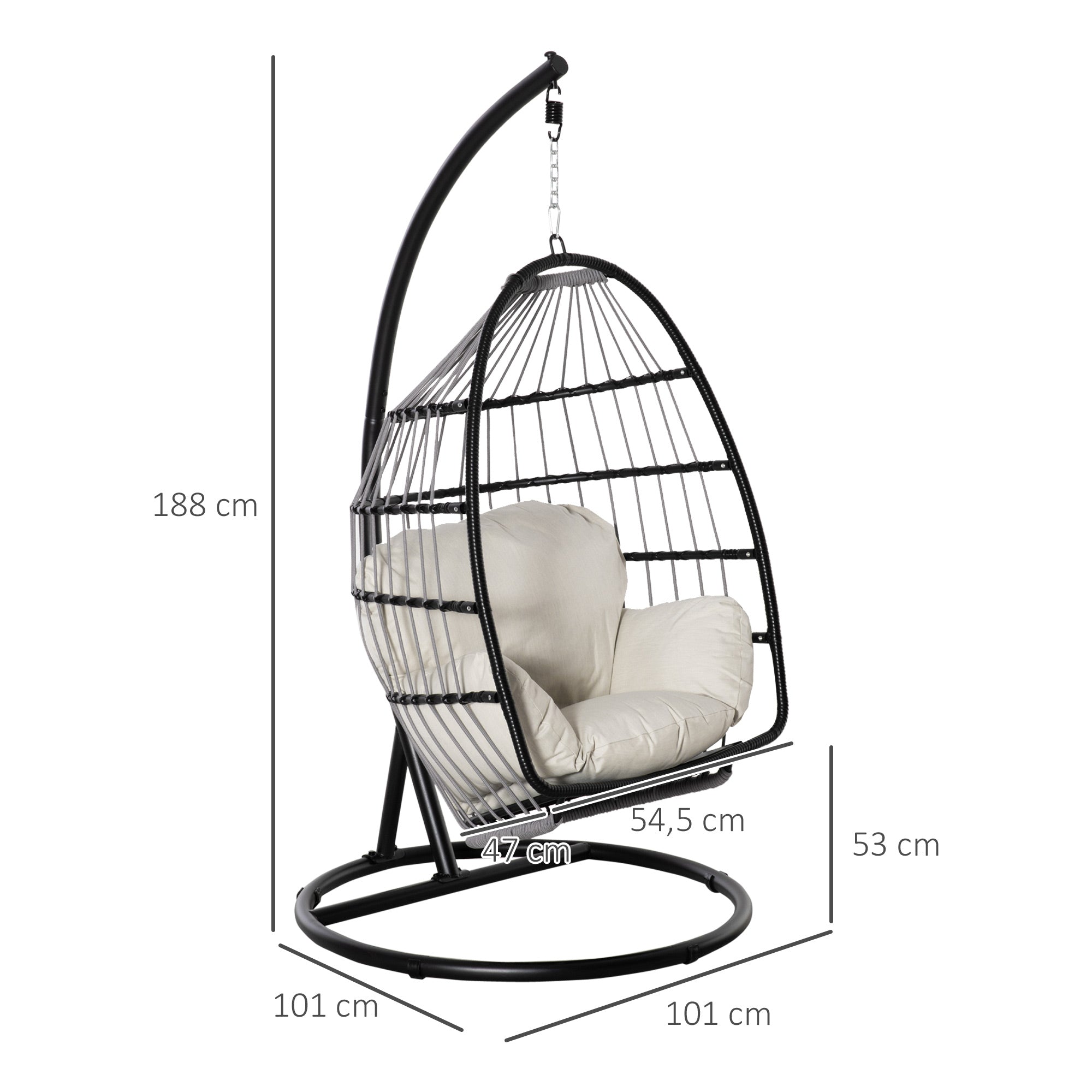 Outsunny Hängesessel Hängekorb mit Gestell Hängeschaukel Hängestuhl mit Kissen Korb faltbar Metall Schwarz+Cremeweiß 101 x 101 x 188 cm