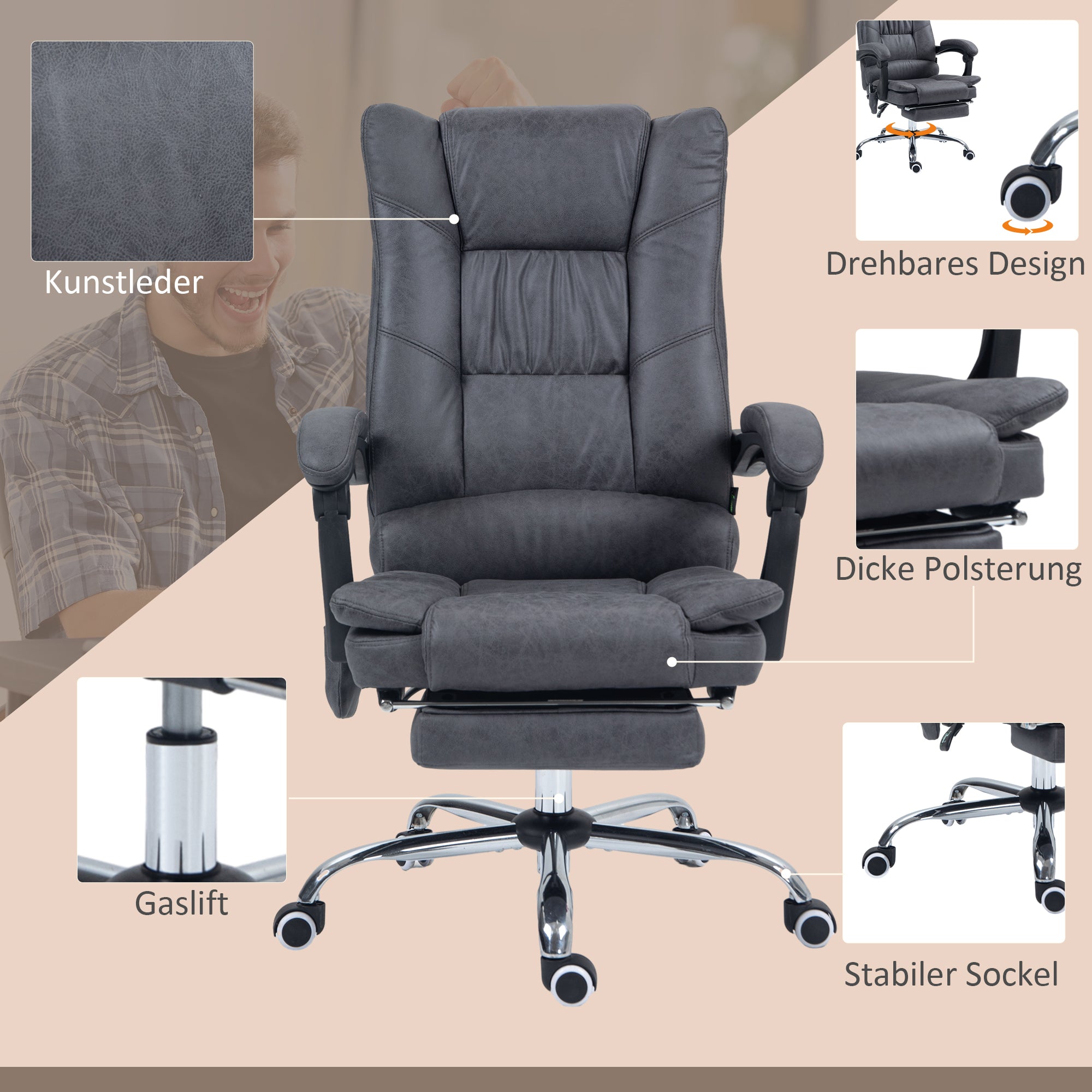 Vinsetto Massagstuhl Bürostuhl mit Massagefunktion, inkl. Fußstütze, höhenverstellbar, 64 cm x 70 cm x 118 cm, Schwarz