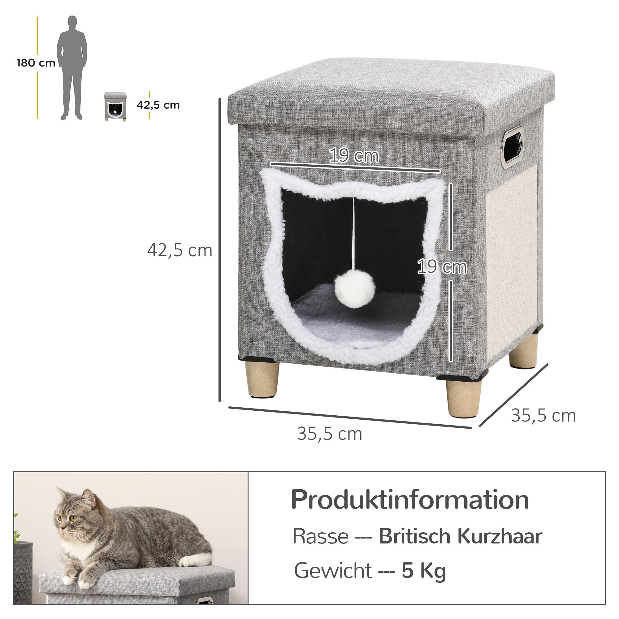 PawHut Katzenhöhle, Katzenhaus, inkl. Spielball, waschbares Kissen, 35,5 cm x 35,5 cm  x 42,5 cm