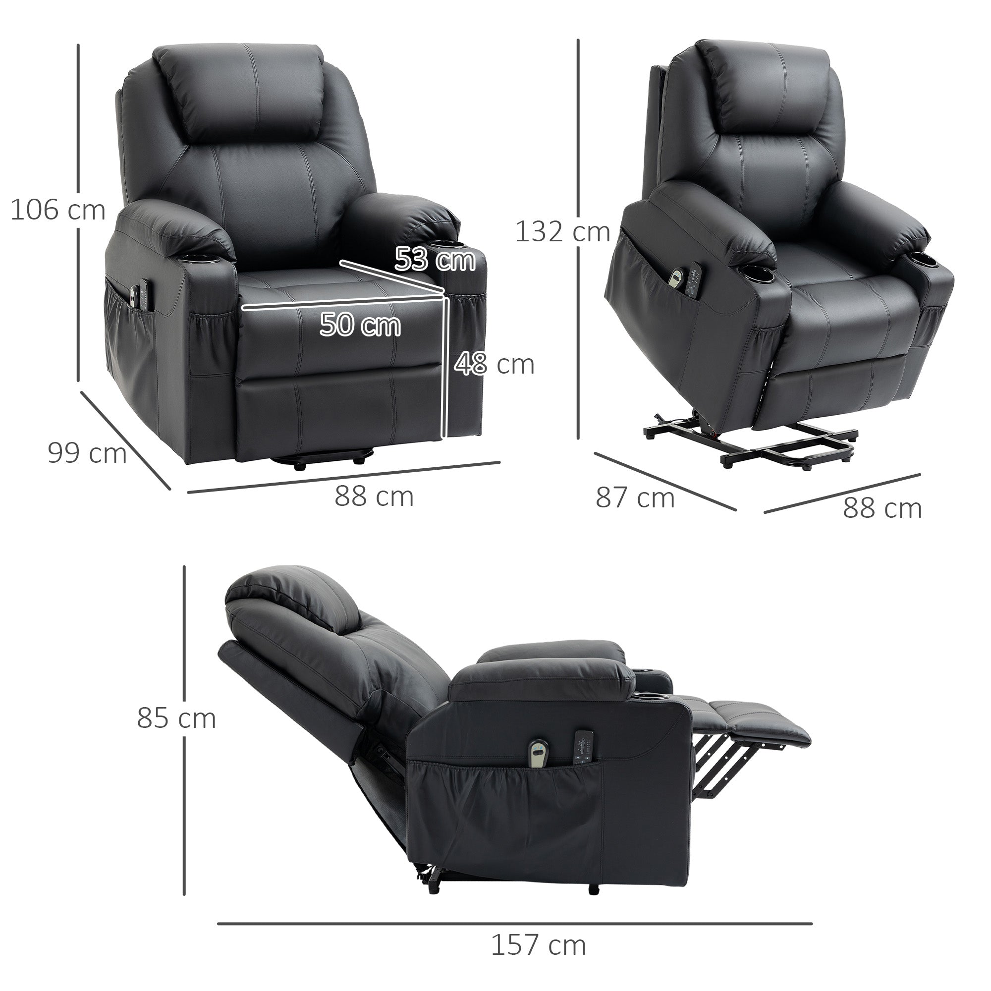 HOMCOM Aufstehsessel, Massagesessel, neigbare Rücklehne, 8 Massagemodi, elegantes Kunstleder, schwarz, 88 x 99 x 106cm
