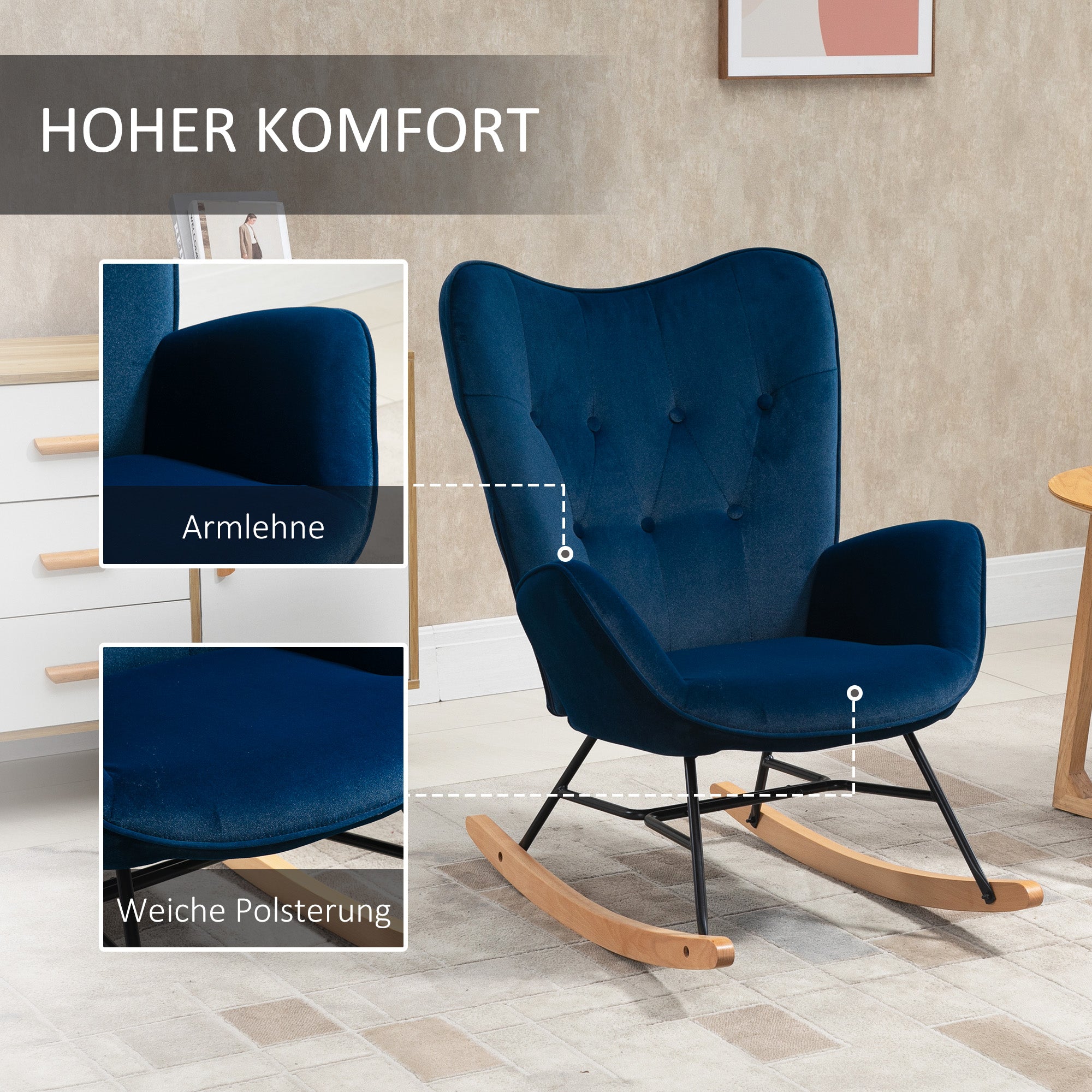 HOMCOM Schaukelstuhl mit Steppung, Holzkufen, Samtoptik, bis 150 kg, Blau