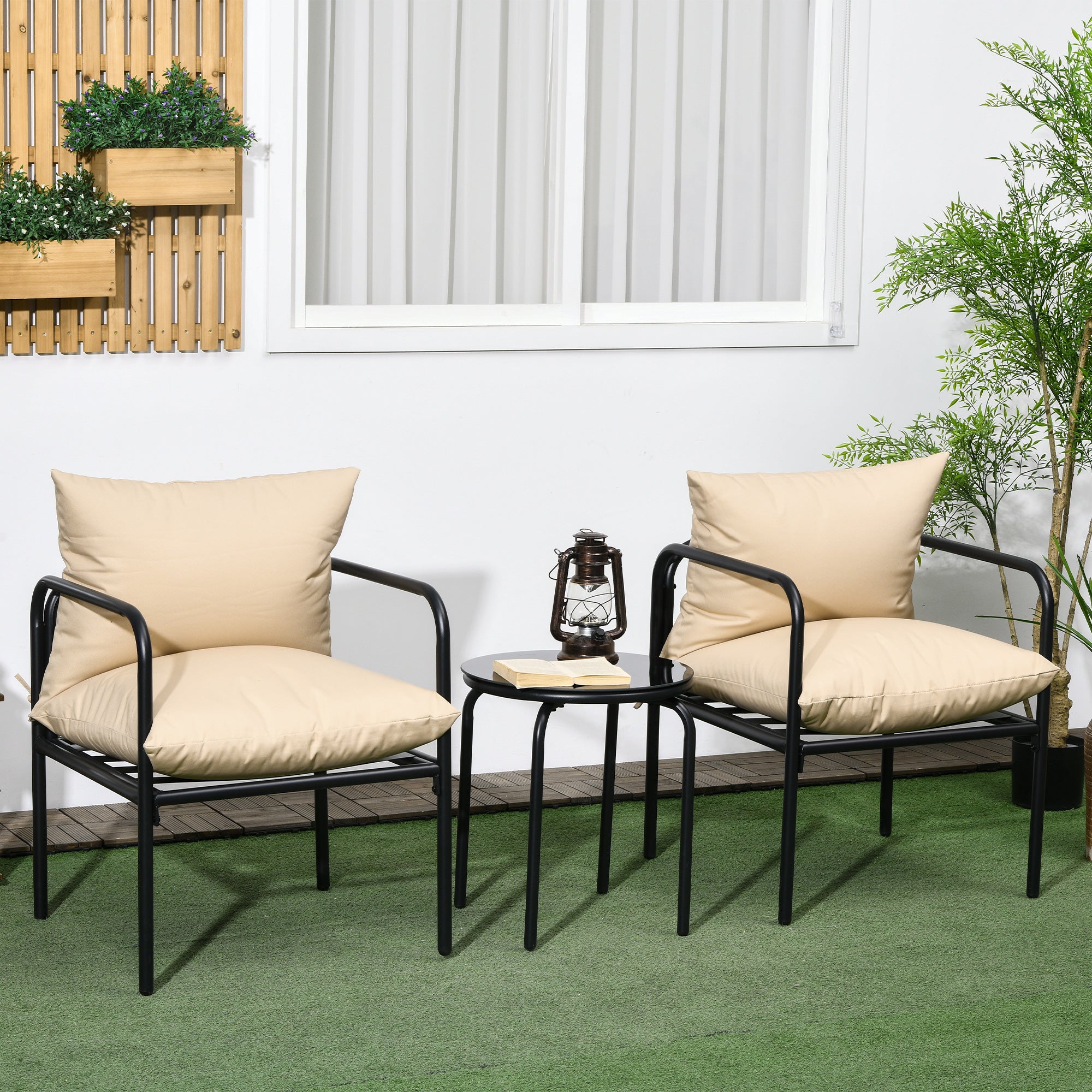 Outsunny Outdoor Sitzgruppe, 3-teilig, 2 Stühle, Tisch mit Glasplatte, Sitzkissen, Metallgestell, Beige
