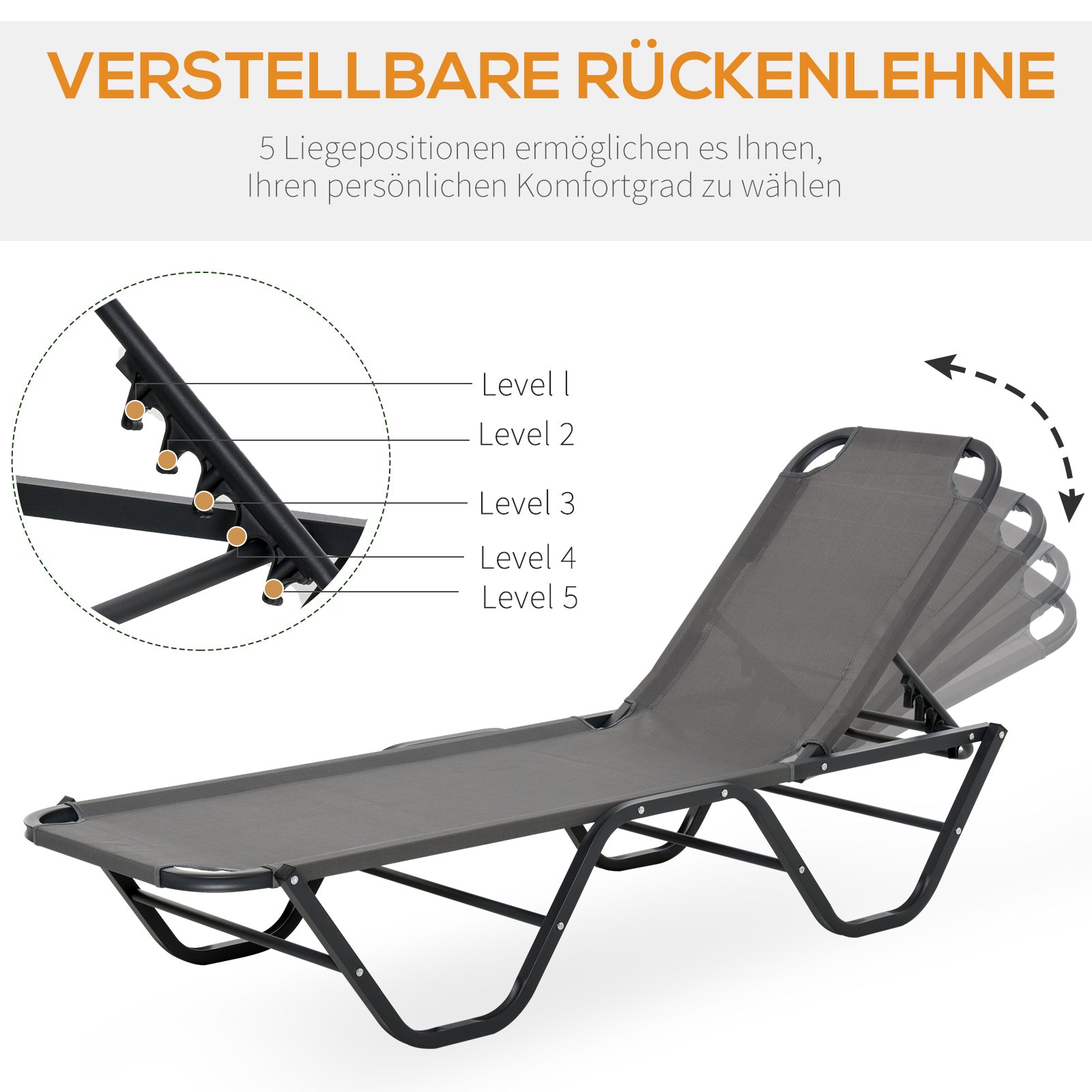 Outsunny Sonnenliege Strandliege 5-Stufige Alu Gartenliege Relaxliege Texteline Grau+Schwarz 163 x 58,5 x 91 cm