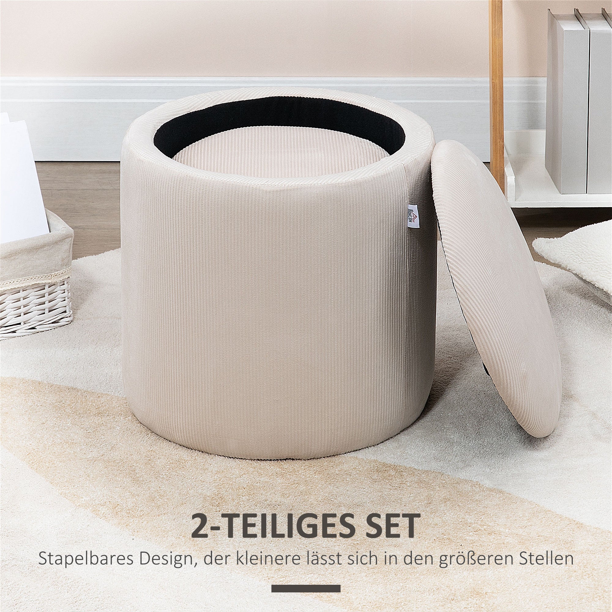 HOMCOM Hocker Ottomane, Zweier-Set, mit Stauraum, weiche Polsterung, Bezug in Cordoptik, Cremeweiß, 40 x 40 x 41cm