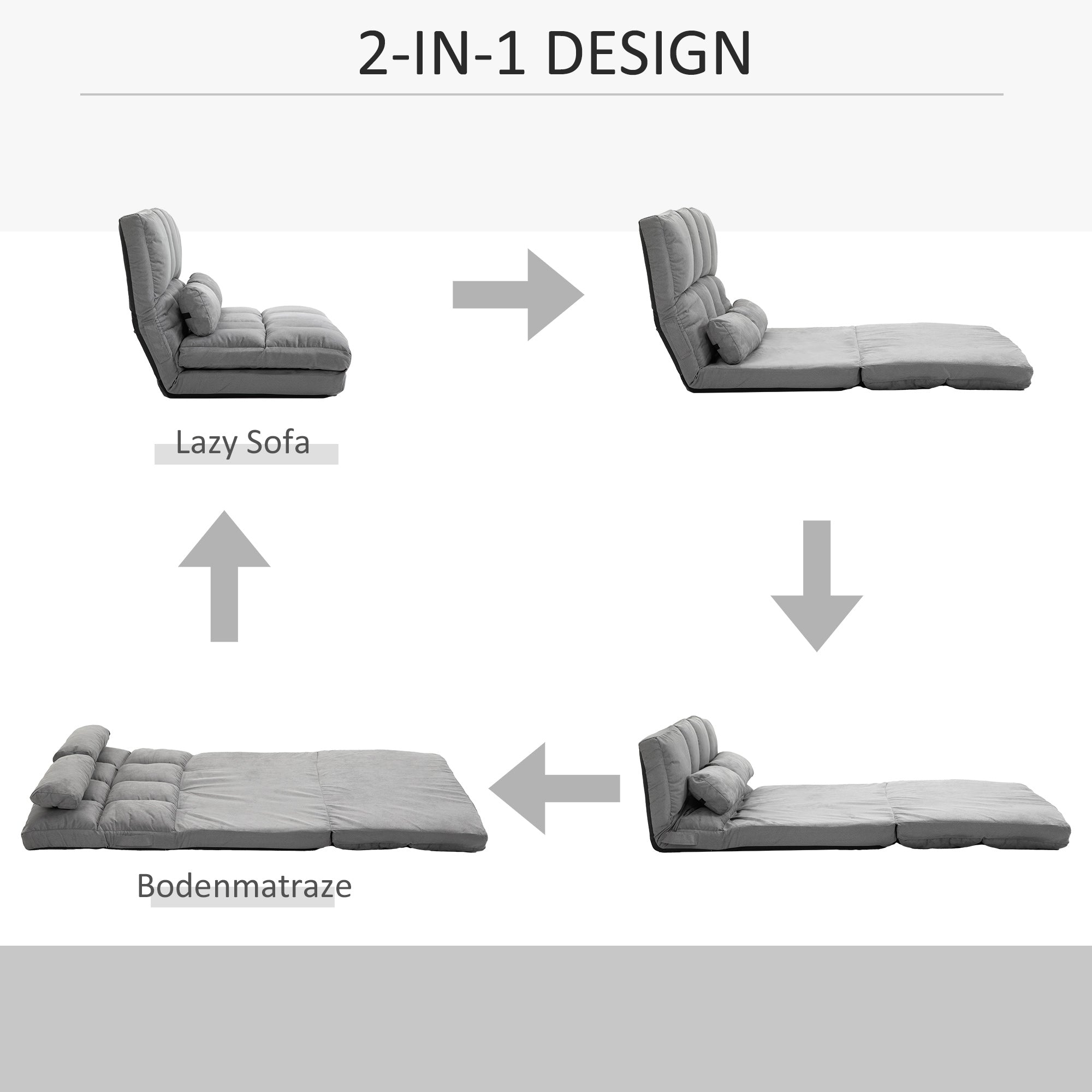 HOMCOM Bodenstuhl 2-in-1 Bodensessel Bett mit Rückenlehne 3 Positionen Verstellbare Sitzkissen Grau Samt Metall 102 x 73 x 60 cm