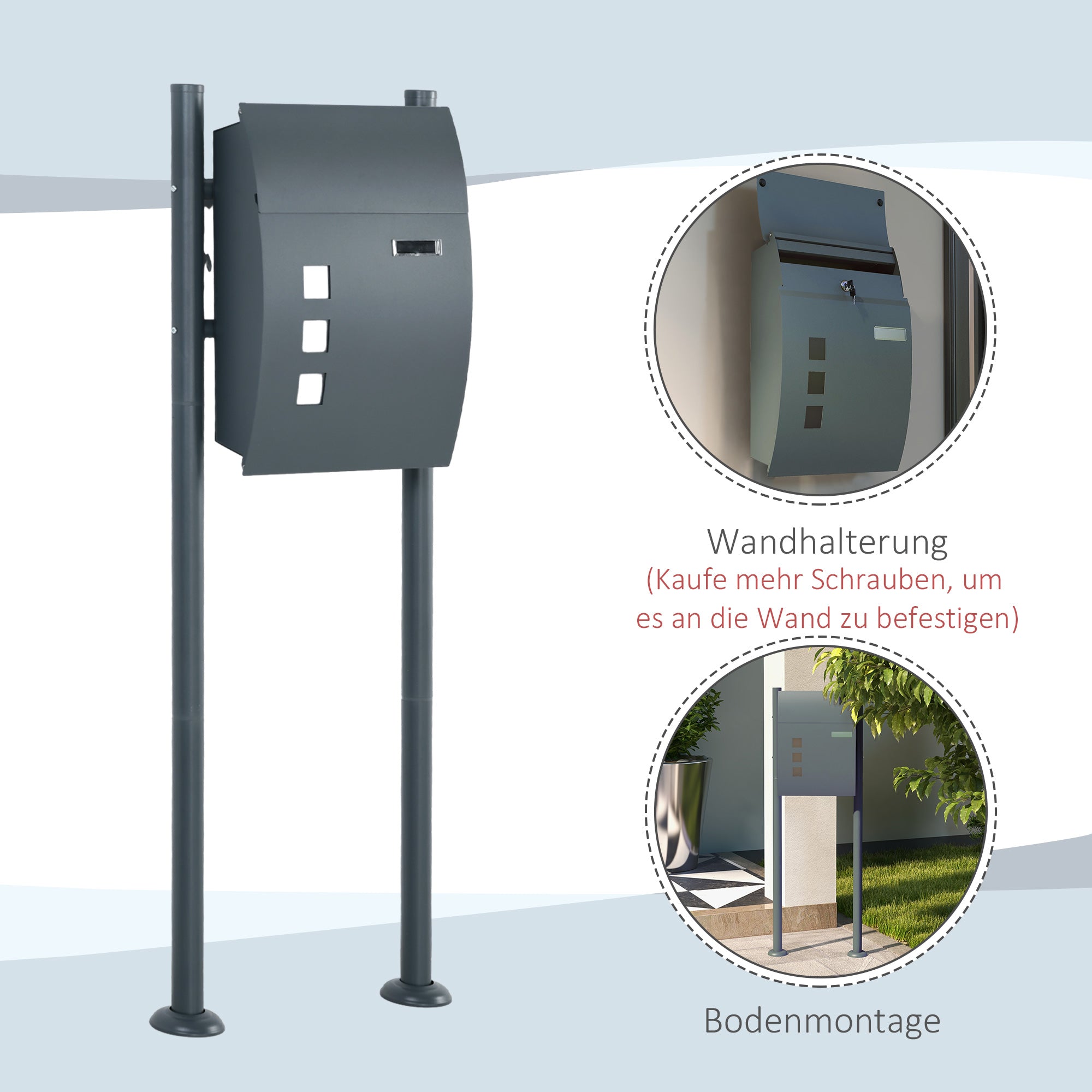 HOMCOM Briefkasten Postkasten, Verriegelung, Standbriefkasten, 2 Schlüssel, Stahl, 44 cm x 15 cm x 114 cm,  Grau