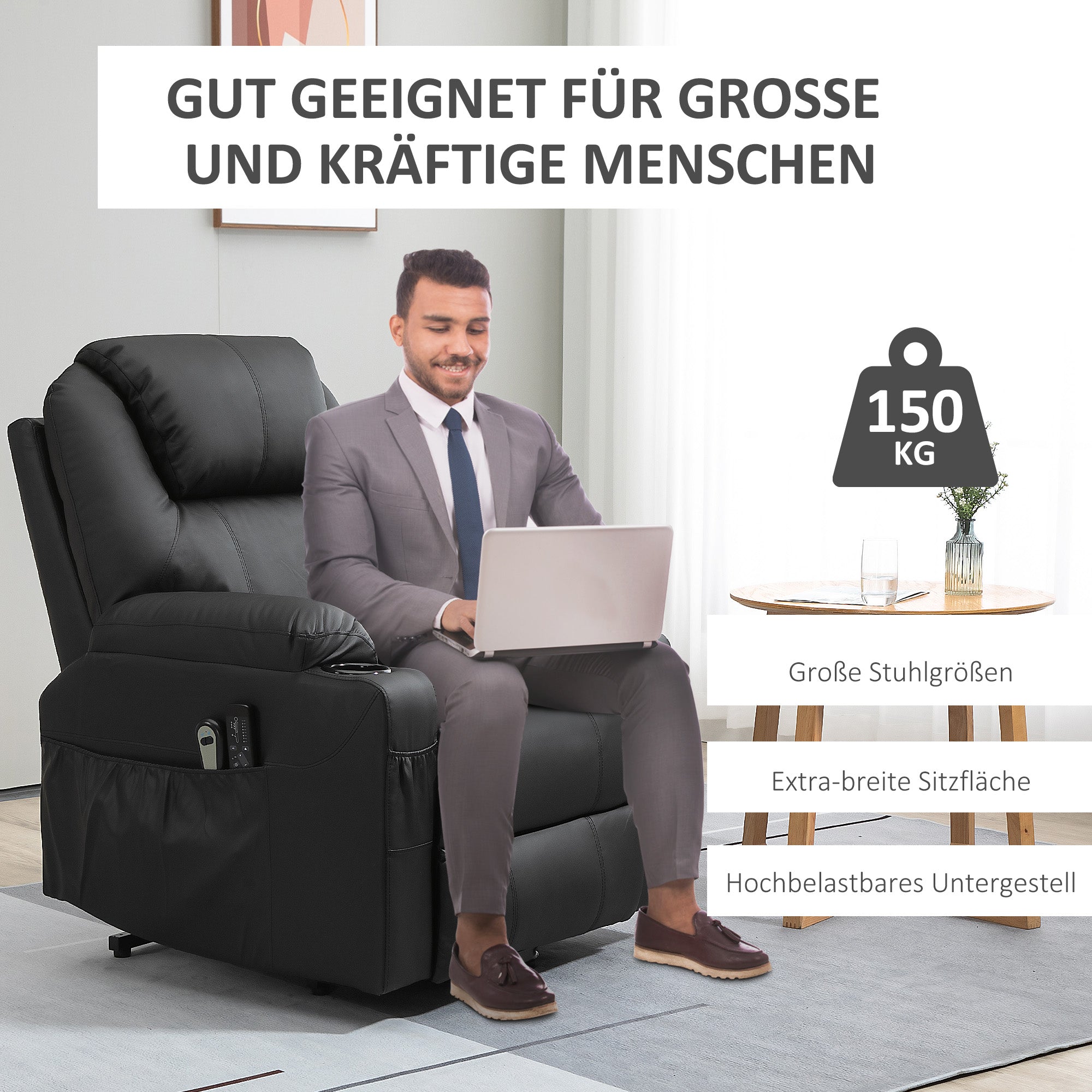 HOMCOM Aufstehsessel, Massagesessel, neigbare Rücklehne, 8 Massagemodi, elegantes Kunstleder, schwarz, 88 x 99 x 106cm