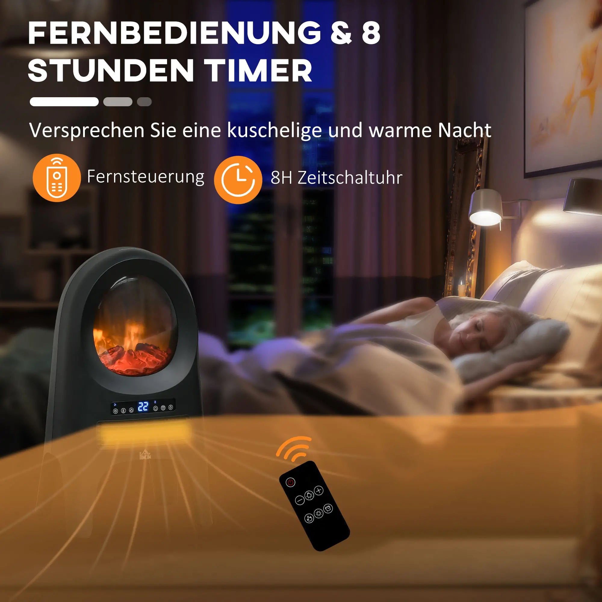 HOMCOM Elektroheizung, 3 Modi, 10-49° C, mit Fernbedienung, LED-Flammen, freistehend, schwarz, 33,7 x 25,5 x 60,4cm