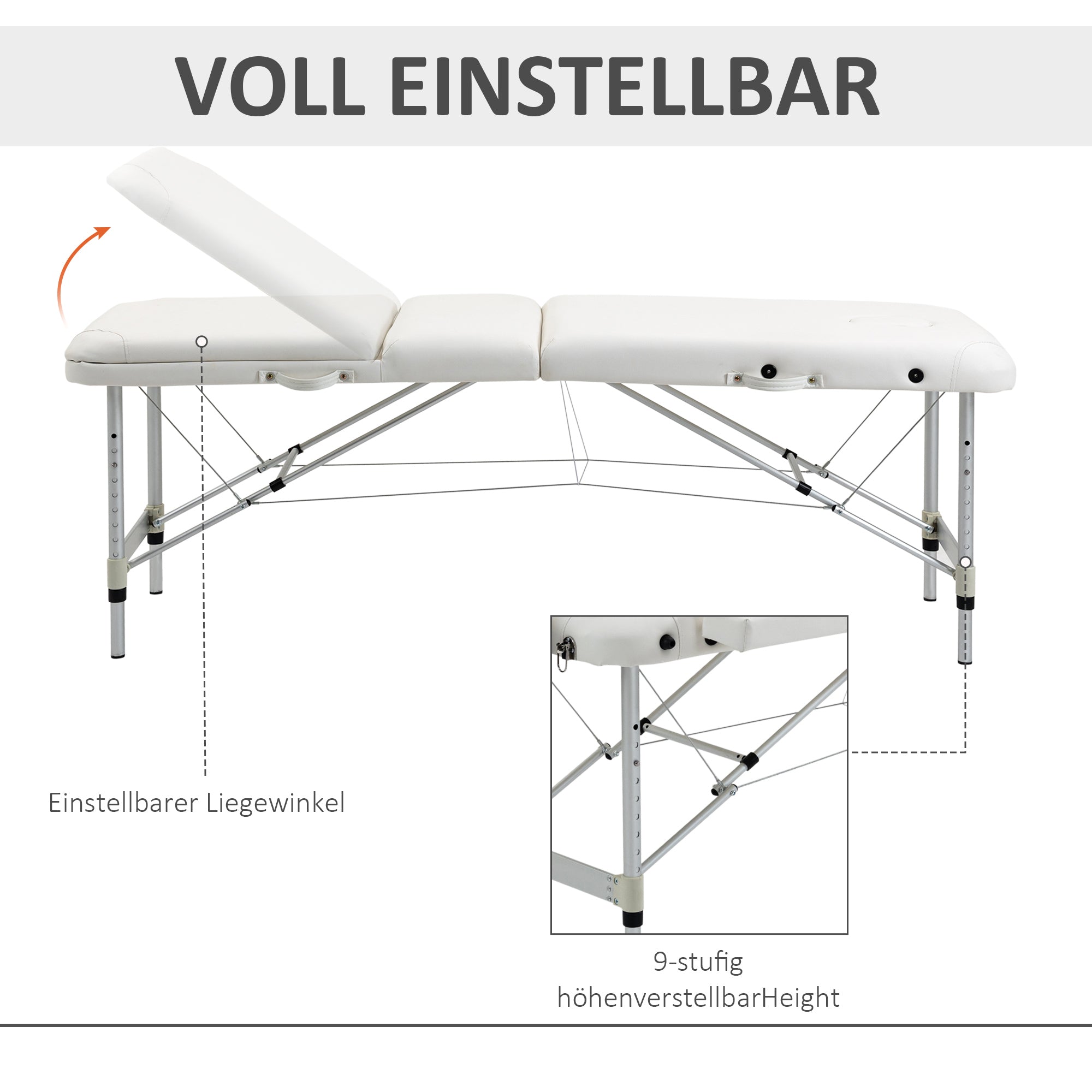 HOMCOM Massageliegen klappbar Kosmetikliegen höhenverstellbarer Massagetisch Massagebett Aluminium Schaumstoff Kunststoff Weiß 215 x 81 x 61-84 cm