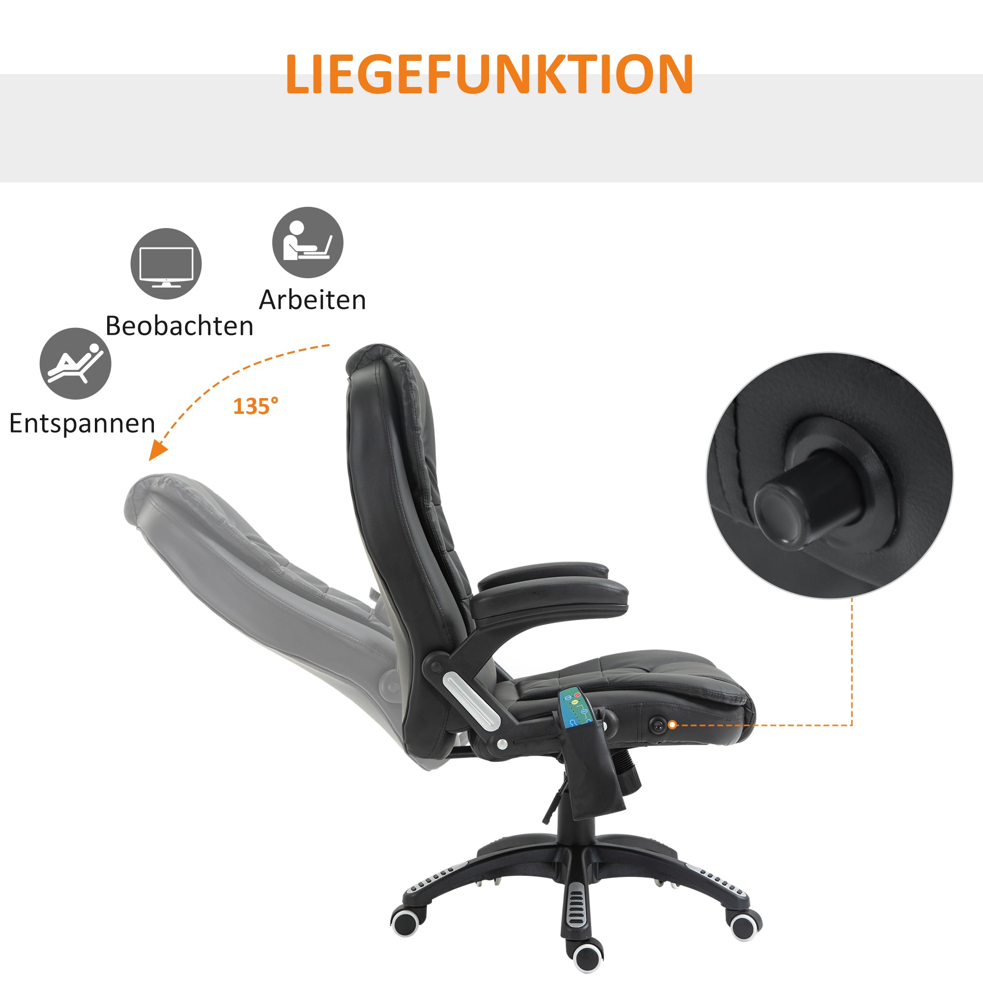 HOMCOM Massagesessel Bürostuhl, Chefsessel mit 6-Punkt-Vibrationsmassage und Wärmefunktion, drehbar Gaming-Stuhl, Kunstleder, 70 x 70 x 111–121 cm, Schwarz