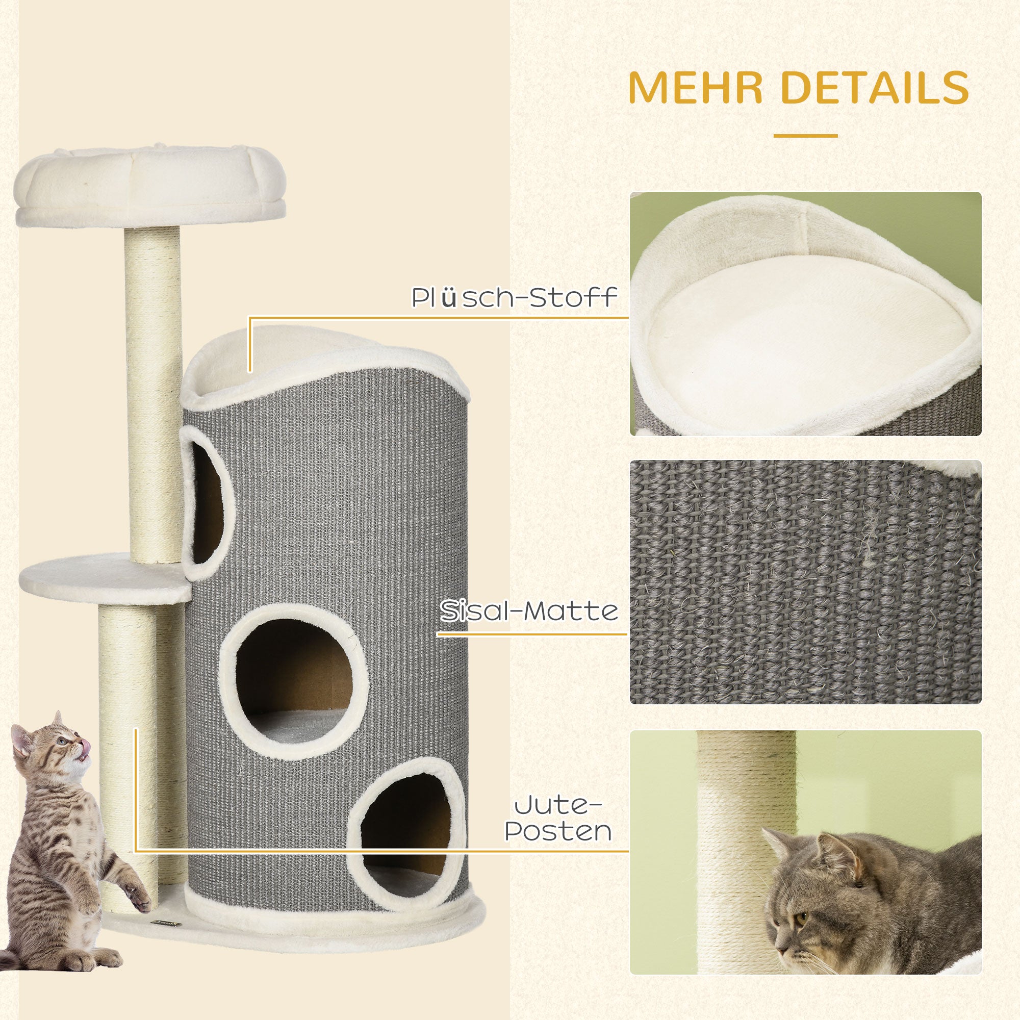 PawHut Kratzbaum mit Katzenbett u. Kratztonne für Katzen, 60 cm x 44,5 cm x 109 cm, Grau + Natur + Weiß
