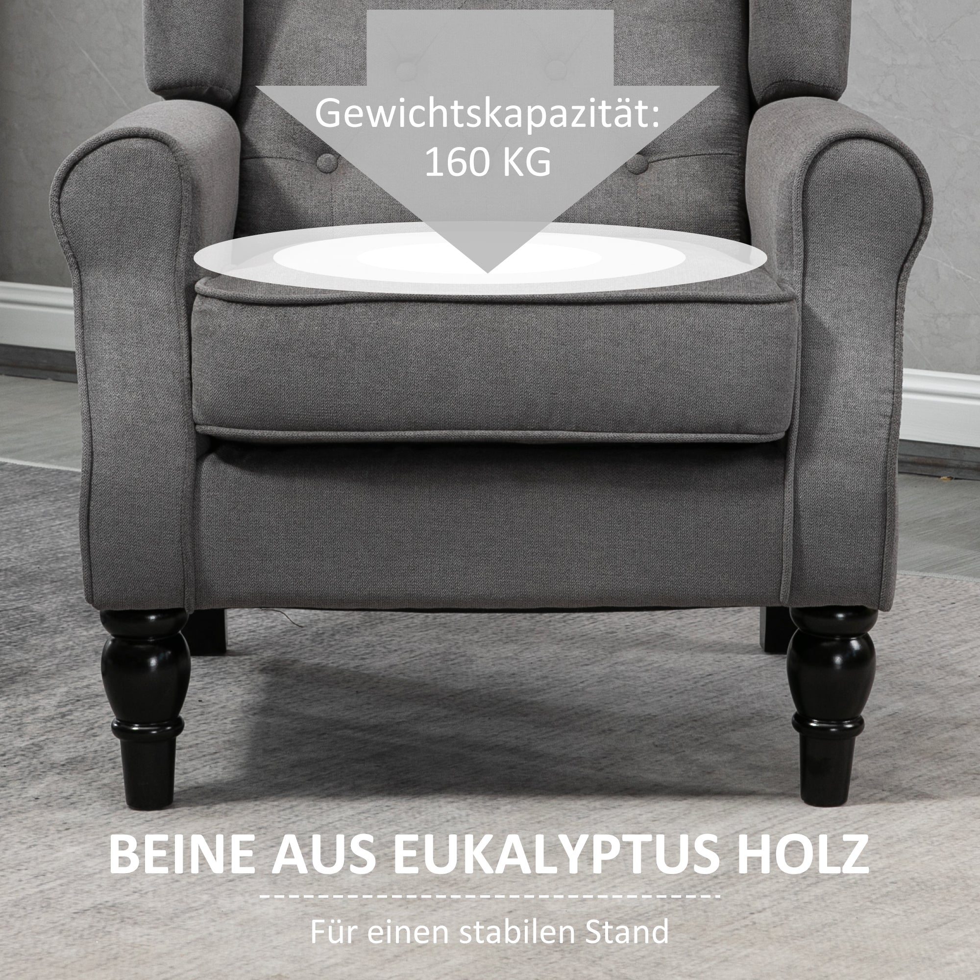 HOMCOM Ohrensessel im Vintage-Design, Lesesessel, Akzentsessel, Holzbeine, Knopfheftung, Grau + Schwarz